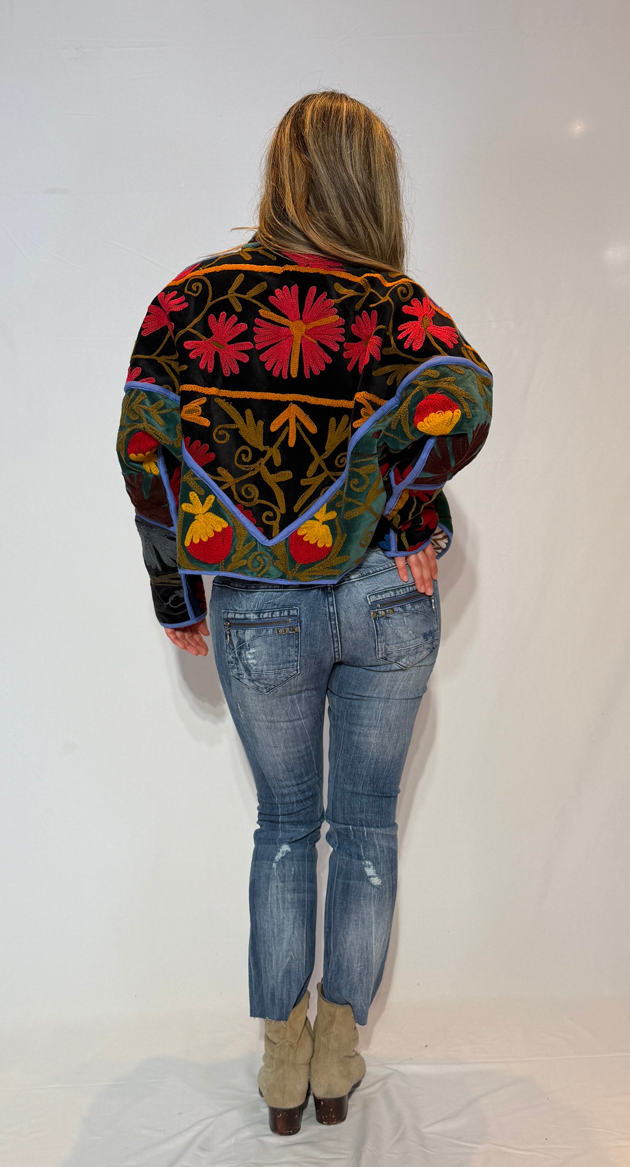 Suzani Hand-Embroidered Velvet Jacket – Teal Garden & Blue Bloom