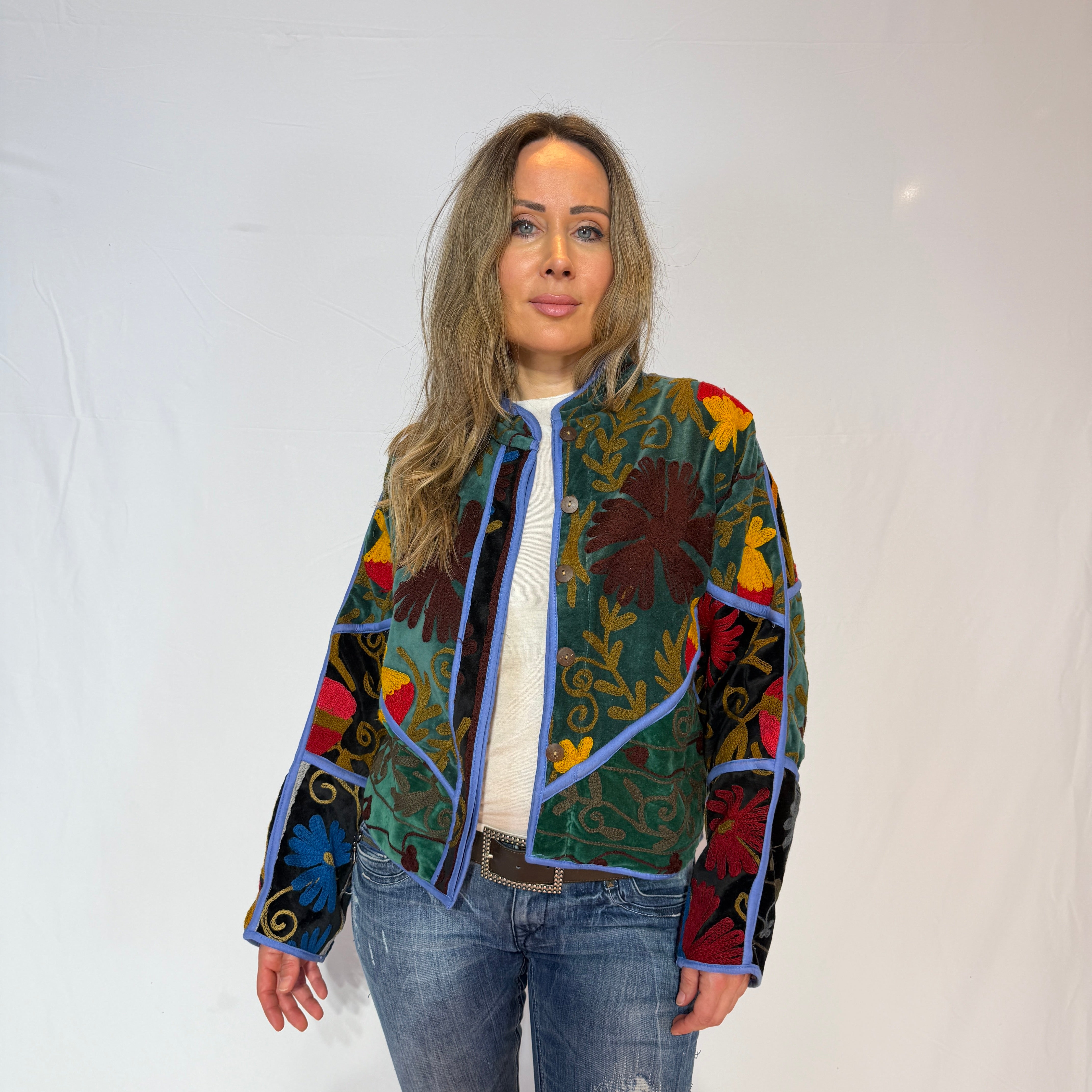 Suzani Hand-Embroidered Velvet Jacket – Teal Garden & Blue Bloom