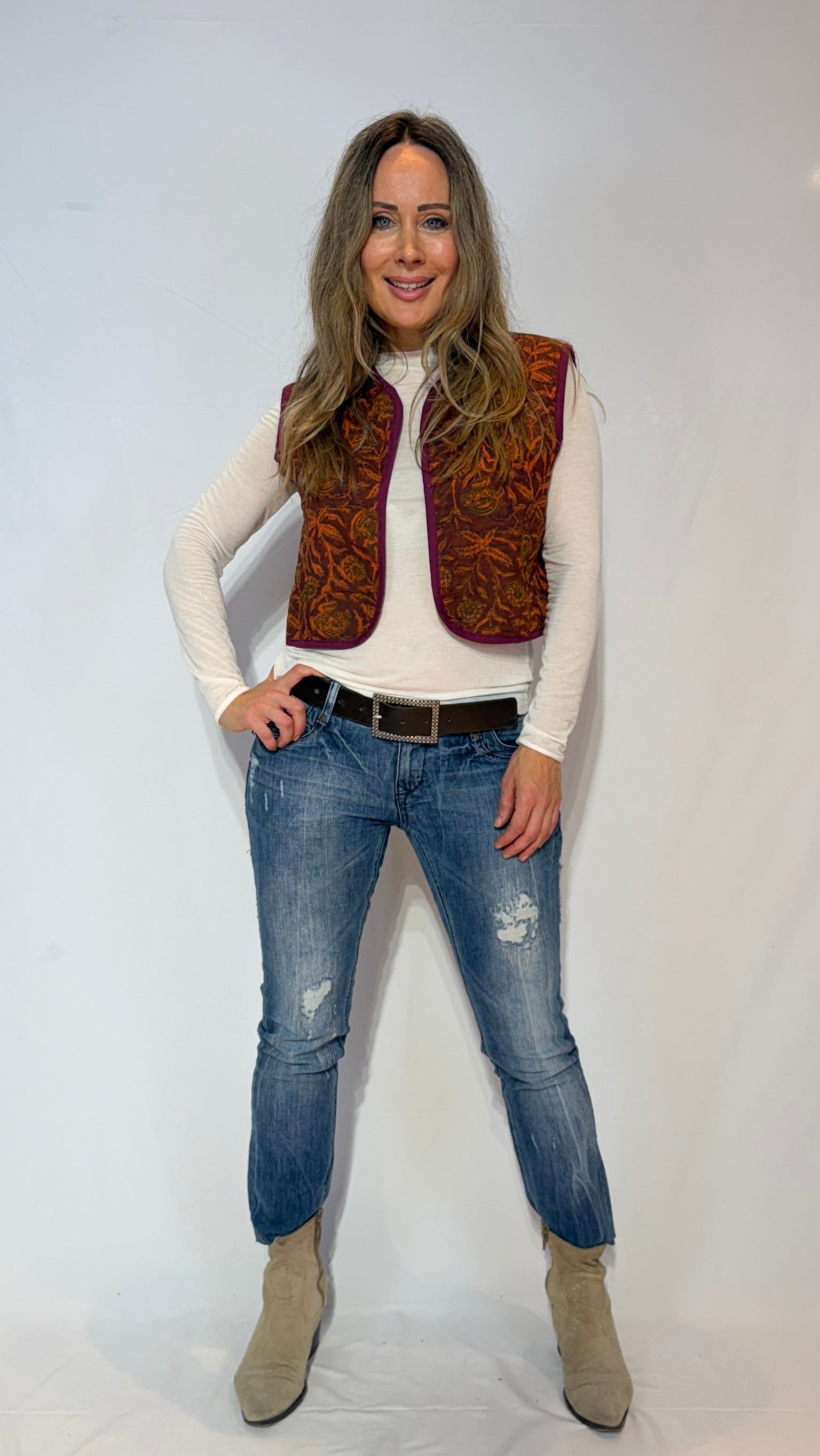 Handmade Kantha Quilt Vest – Copper Bloom & Plum