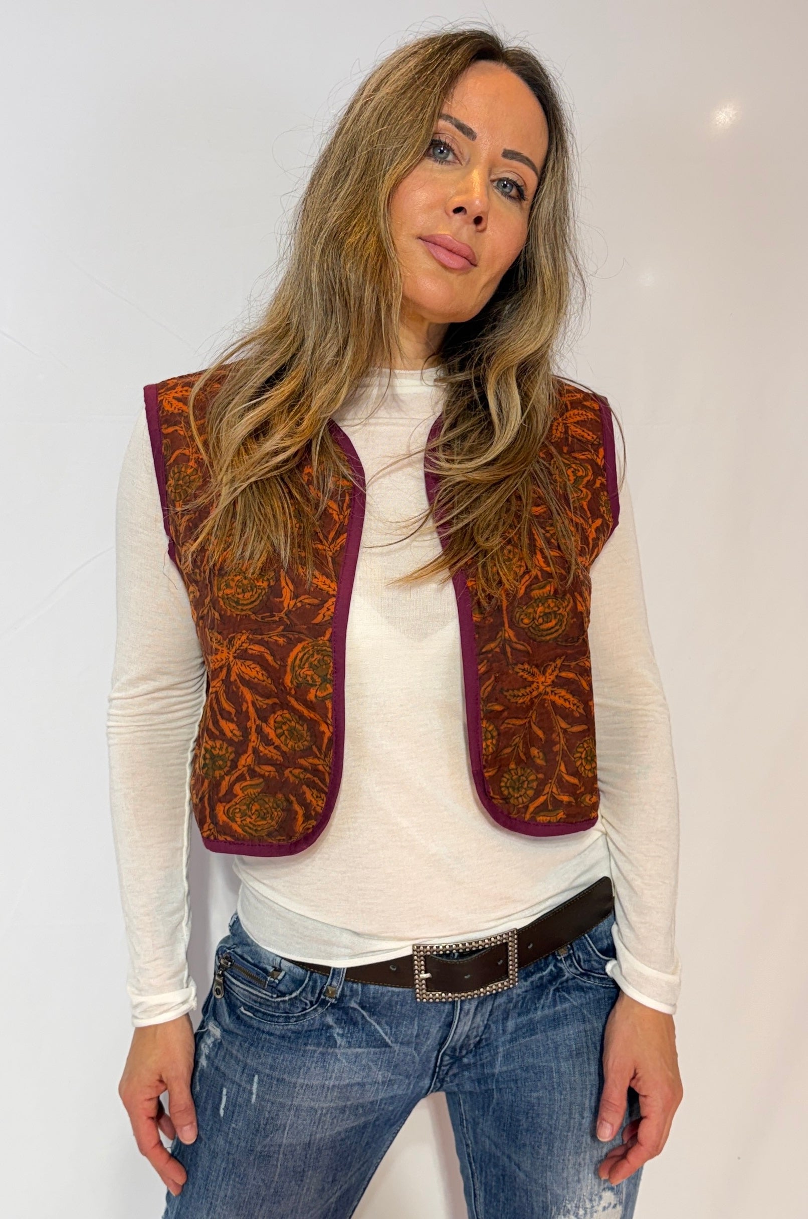 Handmade Kantha Quilt Vest – Copper Bloom & Plum