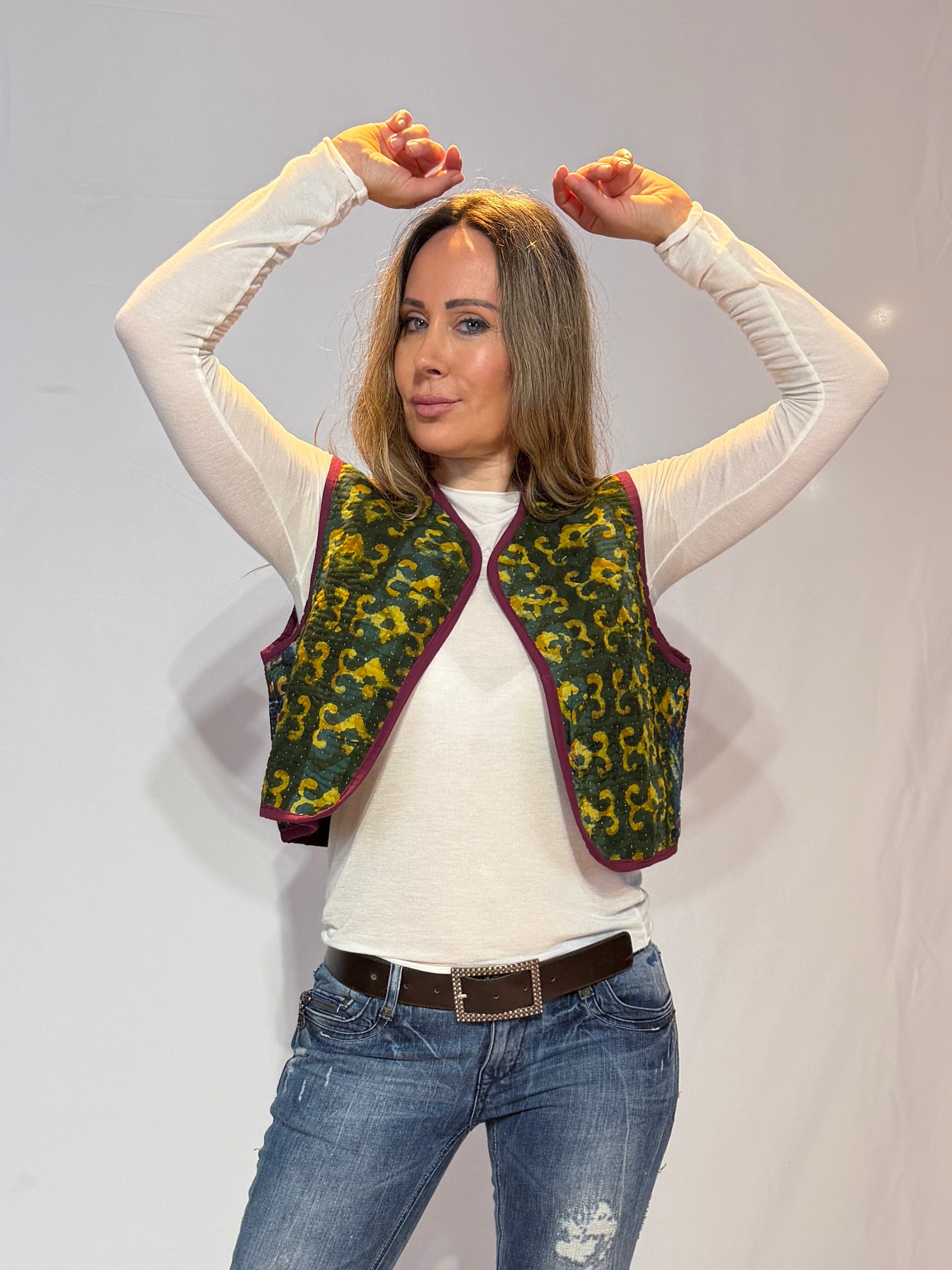 Handmade Kantha Quilt Vest – Forest Green & Golden Scroll