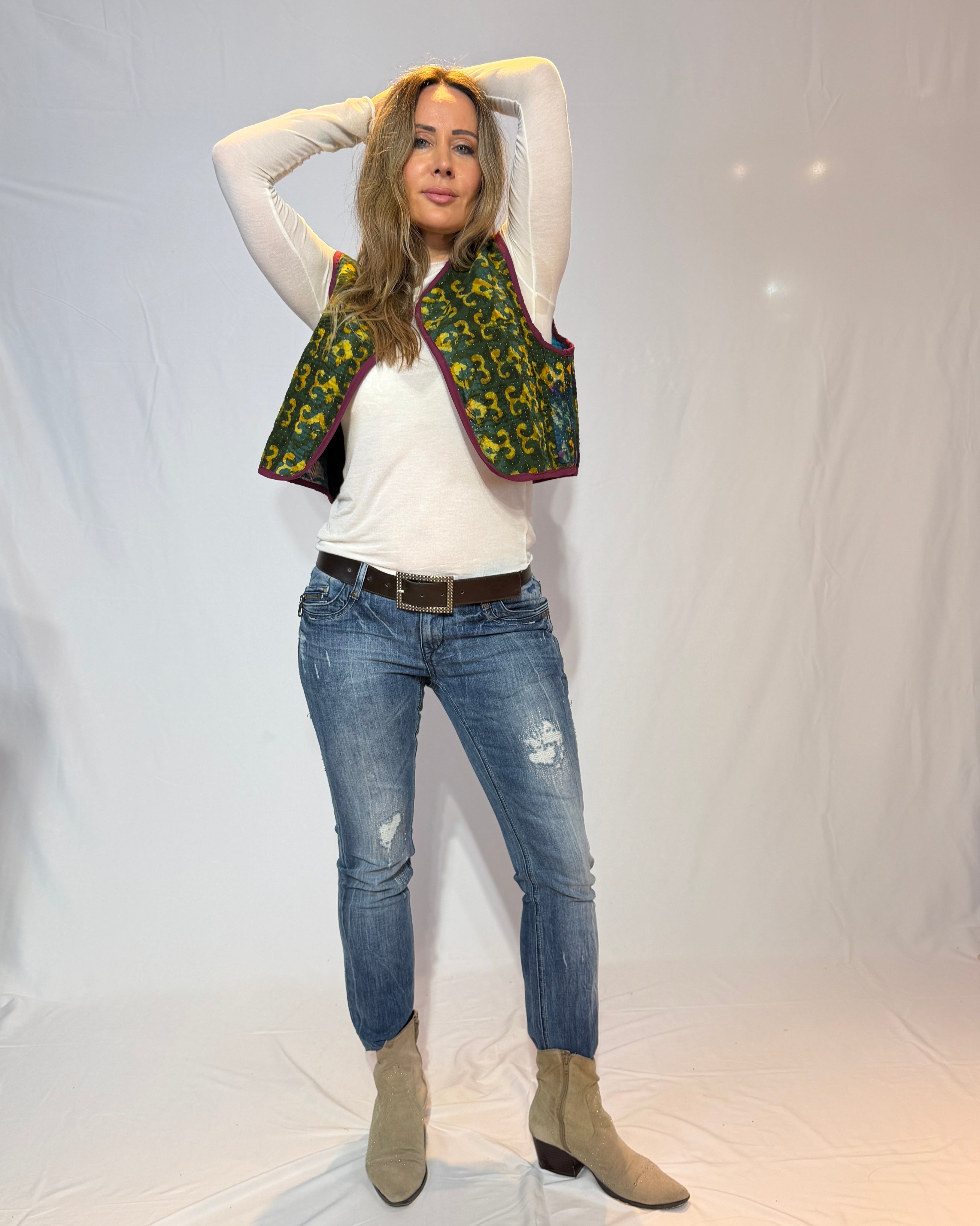 Handmade Kantha Quilt Vest – Forest Green & Golden Scroll