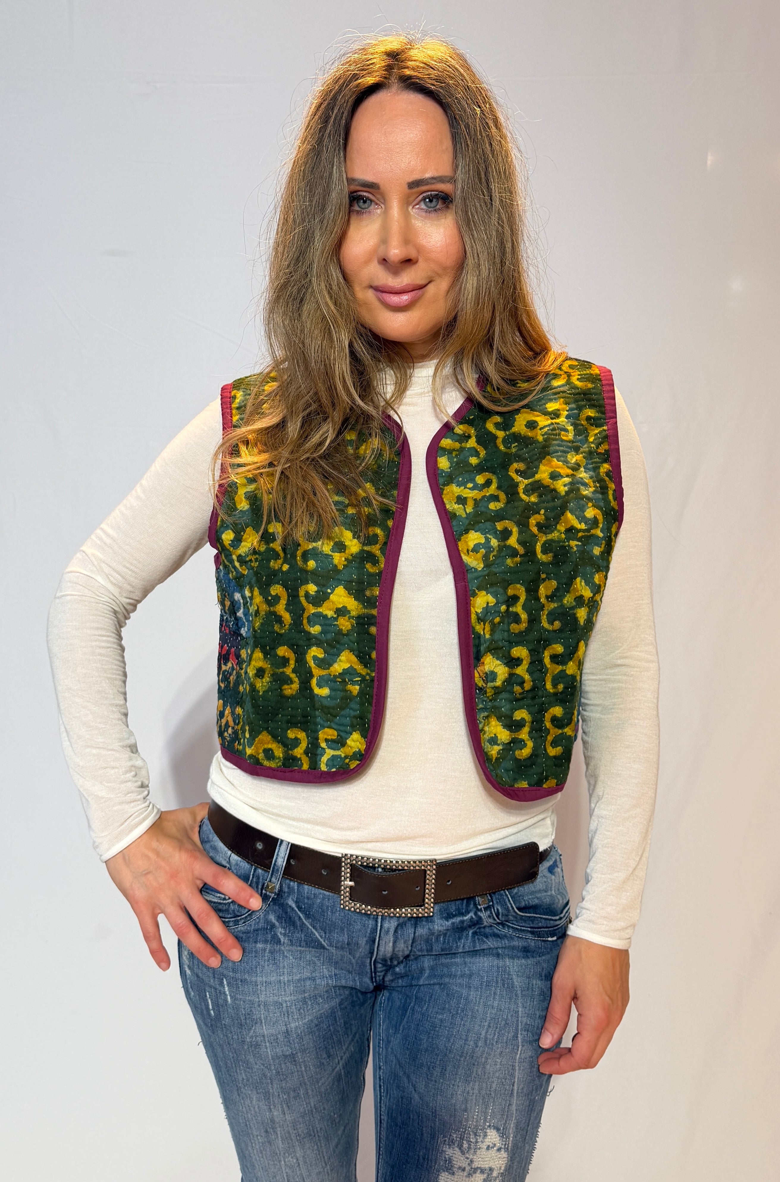 Handmade Kantha Quilt Vest – Forest Green & Golden Scroll