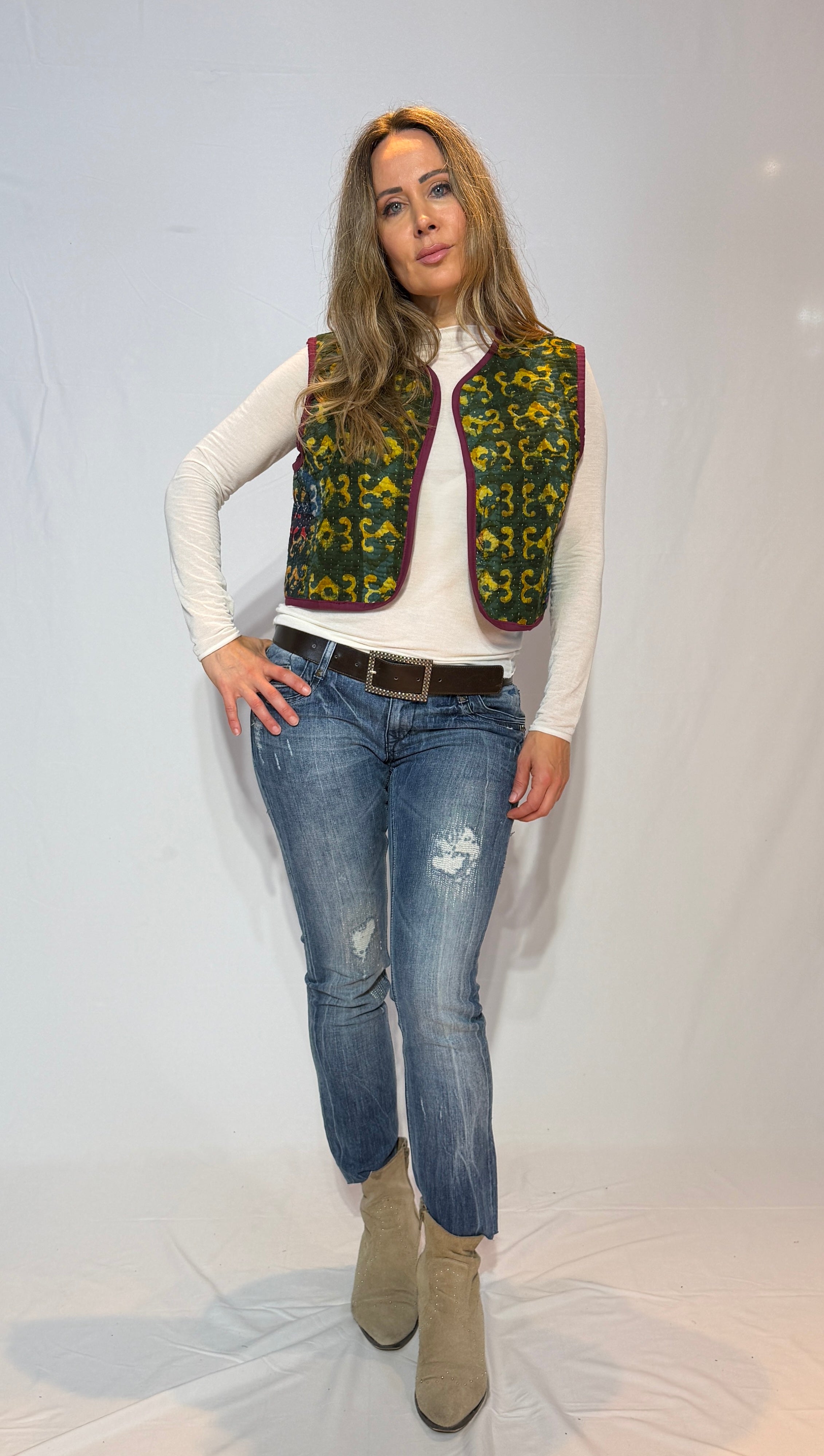Handmade Kantha Quilt Vest – Forest Green & Golden Scroll