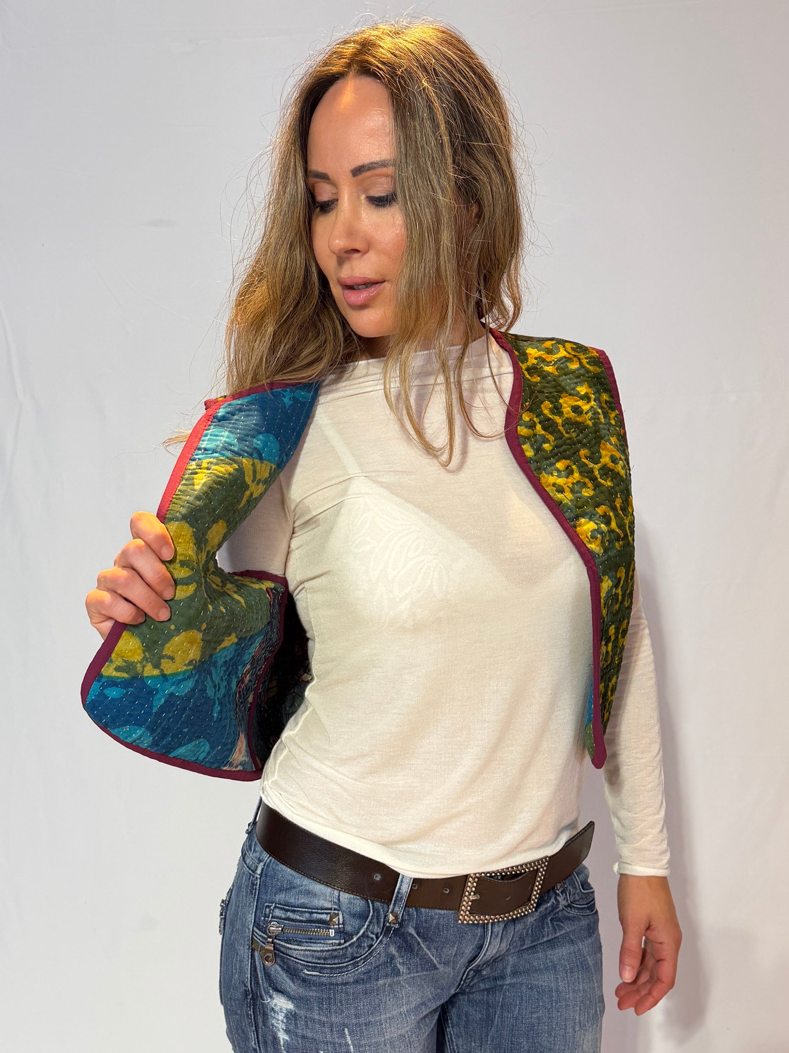Handmade Kantha Quilt Vest – Forest Green & Golden Scroll