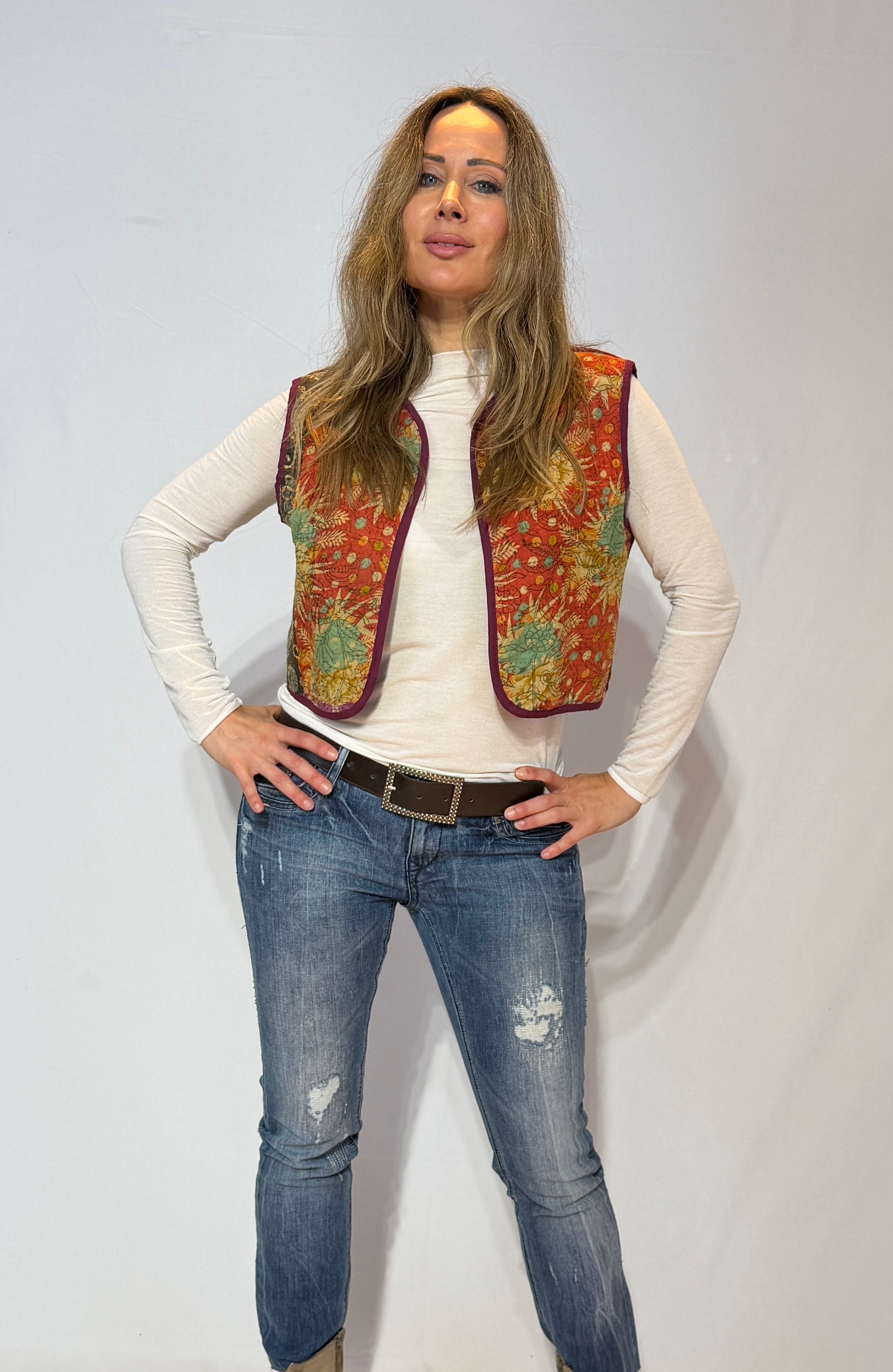 Handmade Kantha Quilt Vest – Copper Bloom & Plum