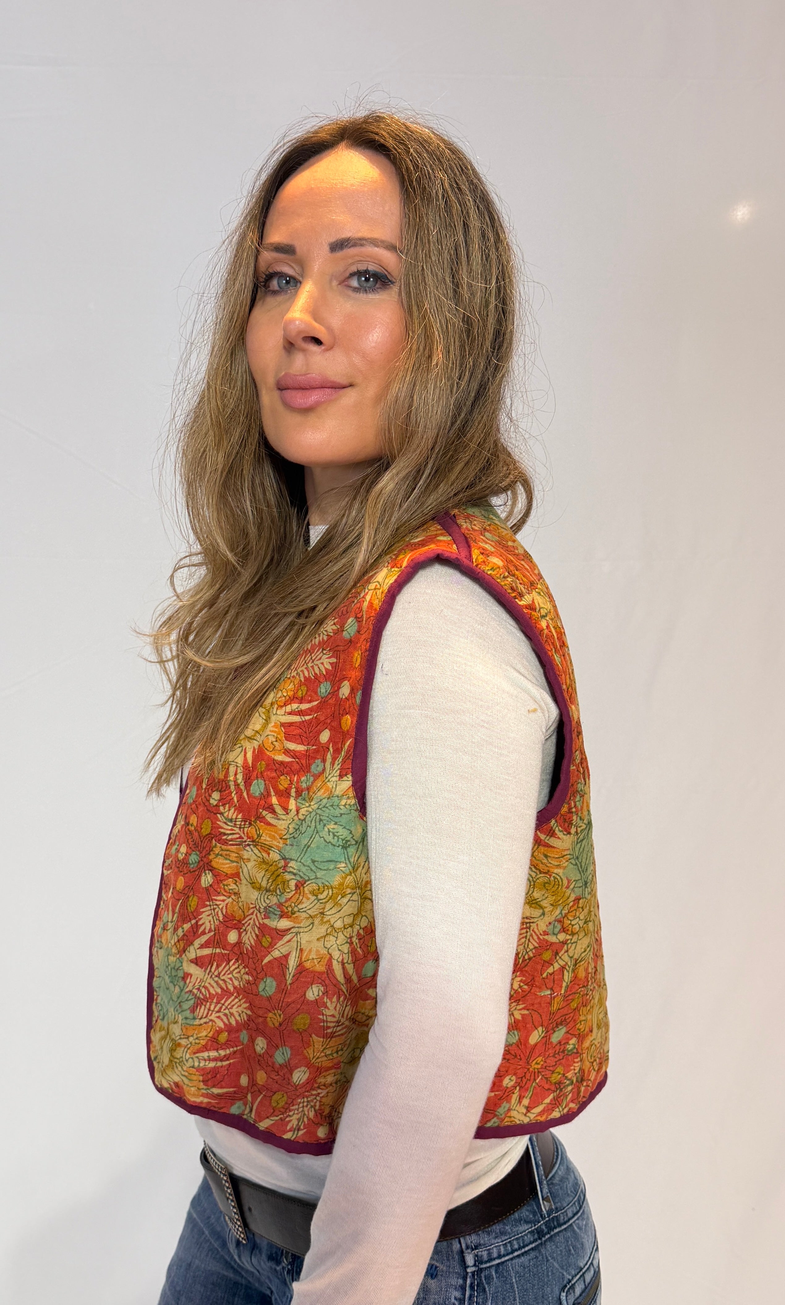 Handmade Kantha Quilt Vest – Copper Bloom & Plum