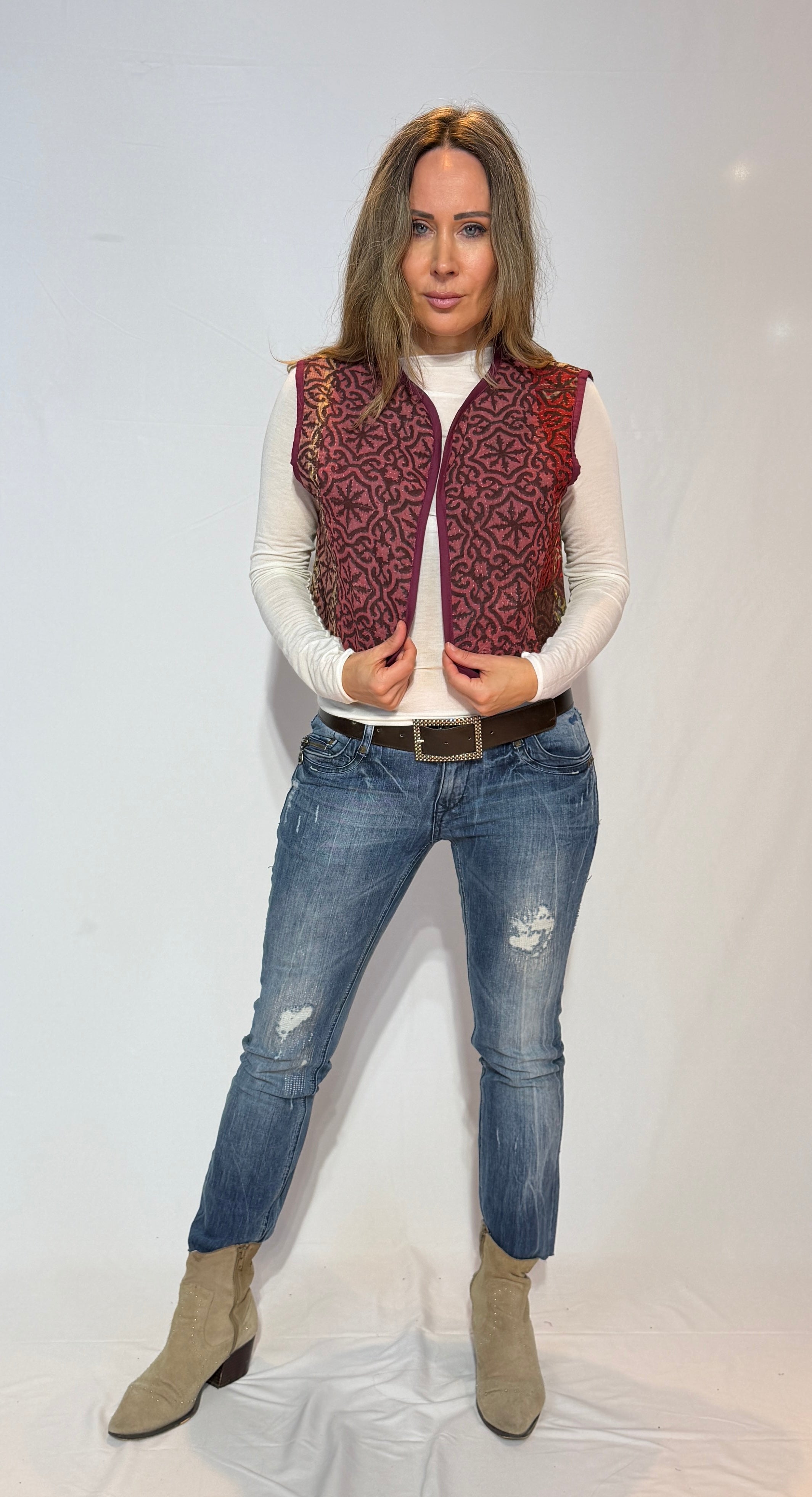 Handmade Kantha Quilt Vest – Burgundy & Rose Mosaic