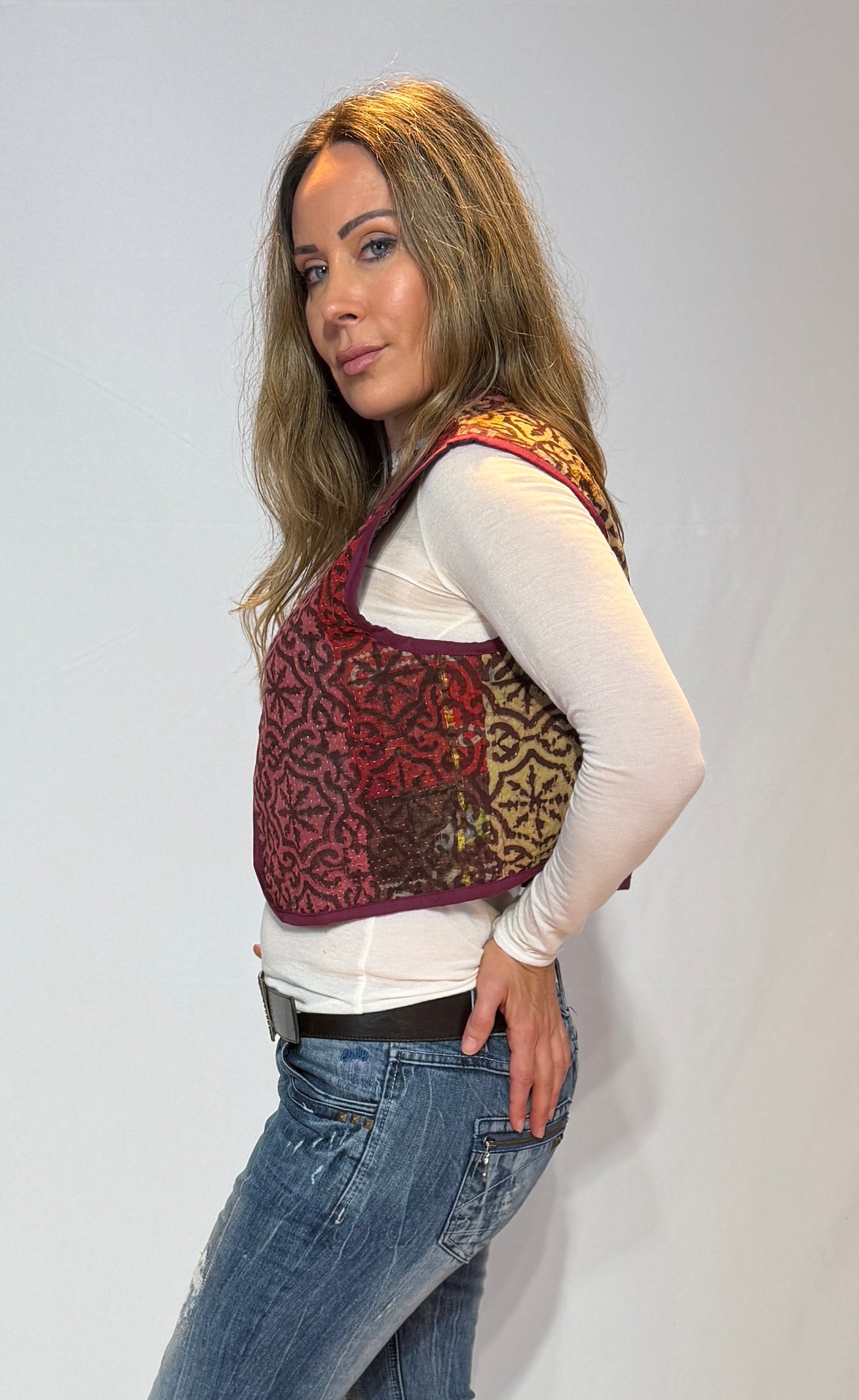Handmade Kantha Quilt Vest – Burgundy & Rose Mosaic