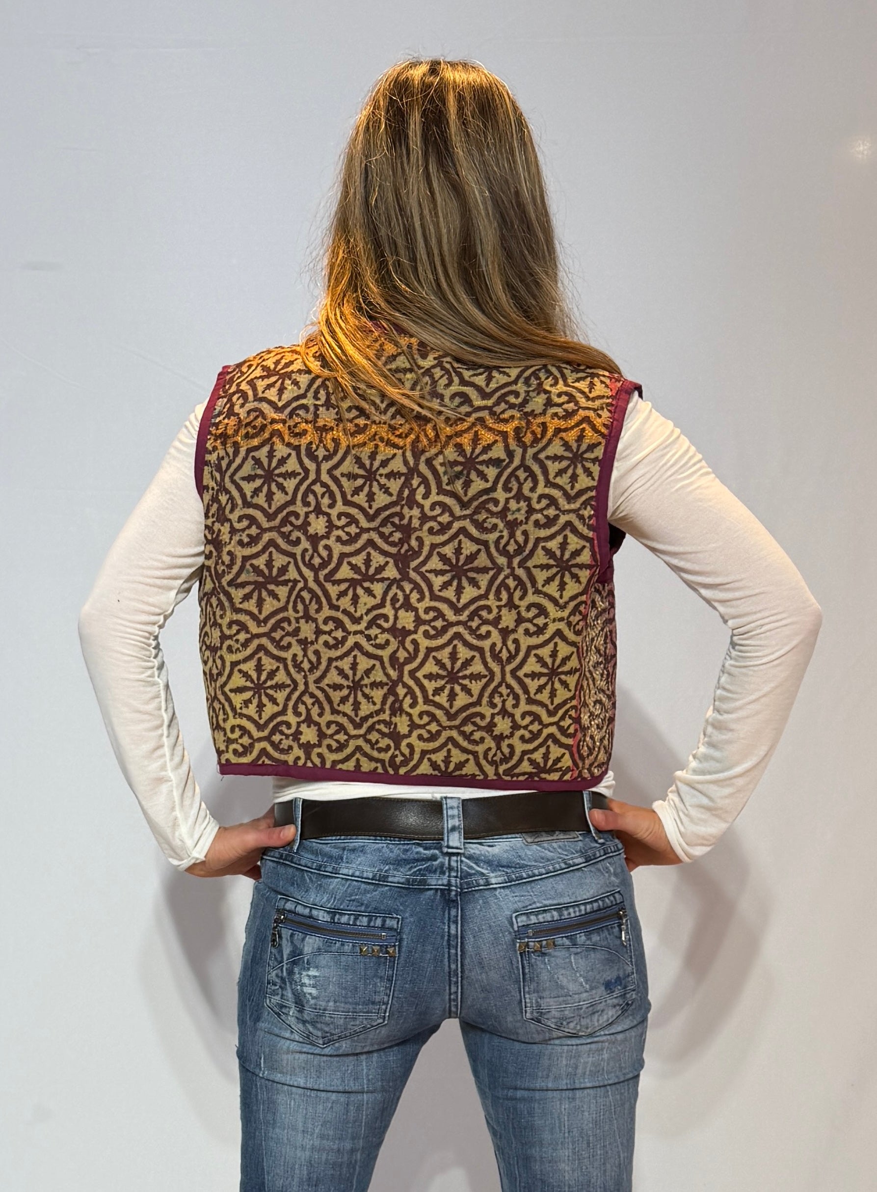 Handmade Kantha Quilt Vest – Burgundy & Rose Mosaic