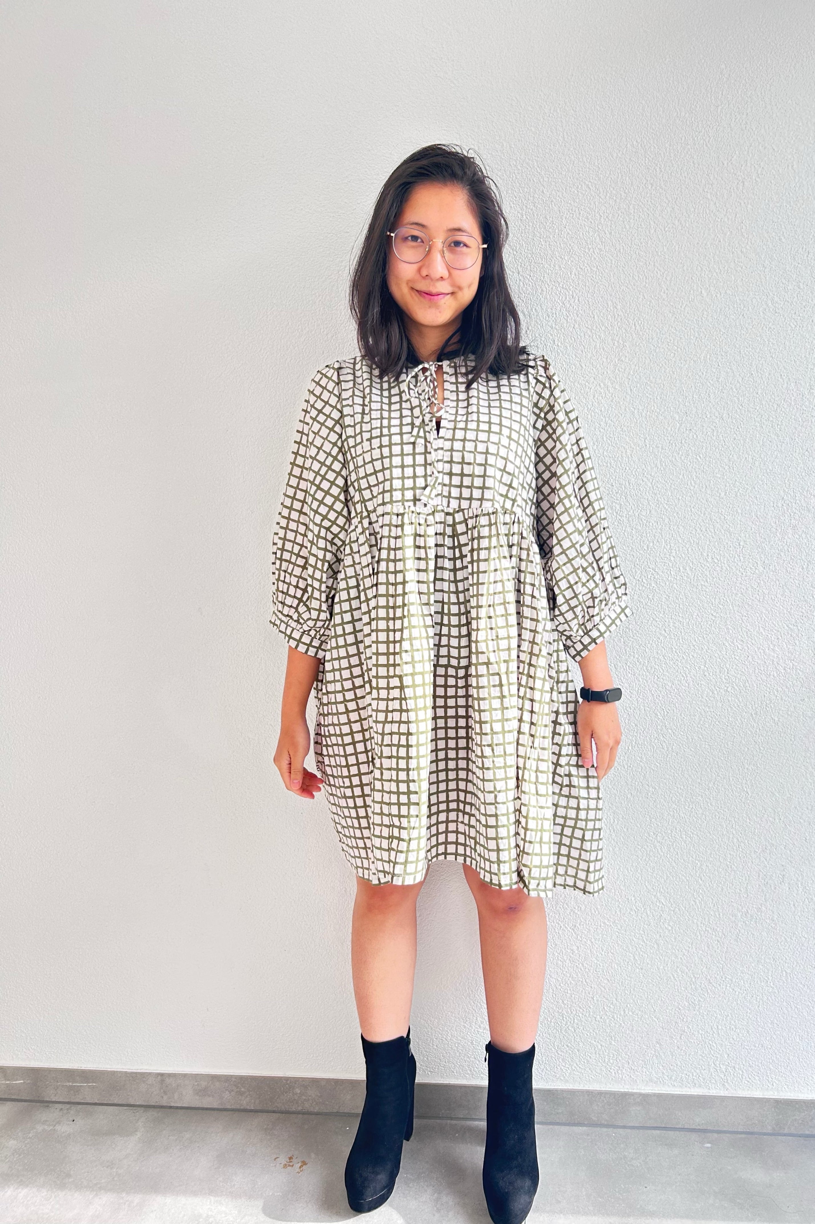 Olive Grid Hand Block Printed Dress