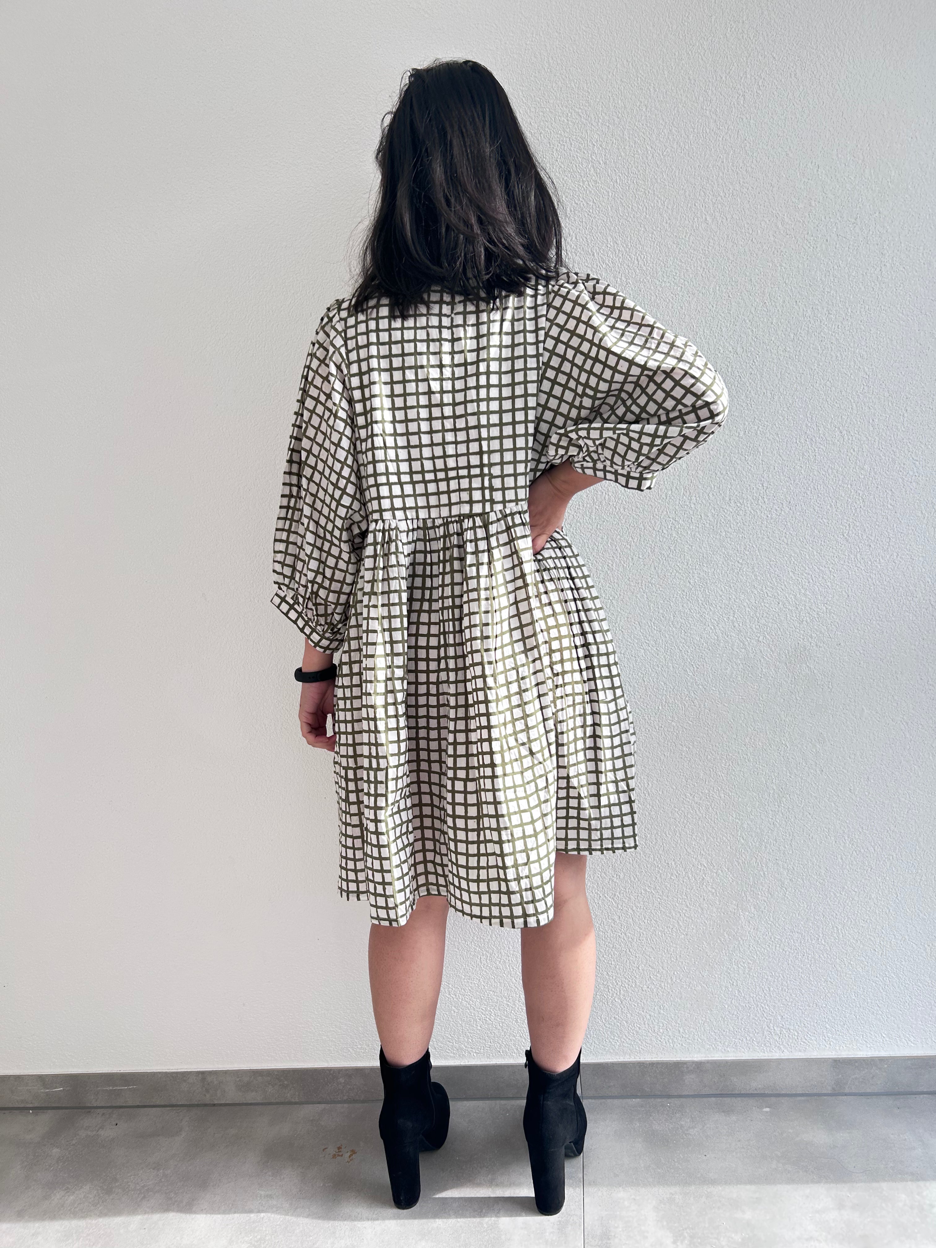 Olive Grid Hand Block Printed Dress