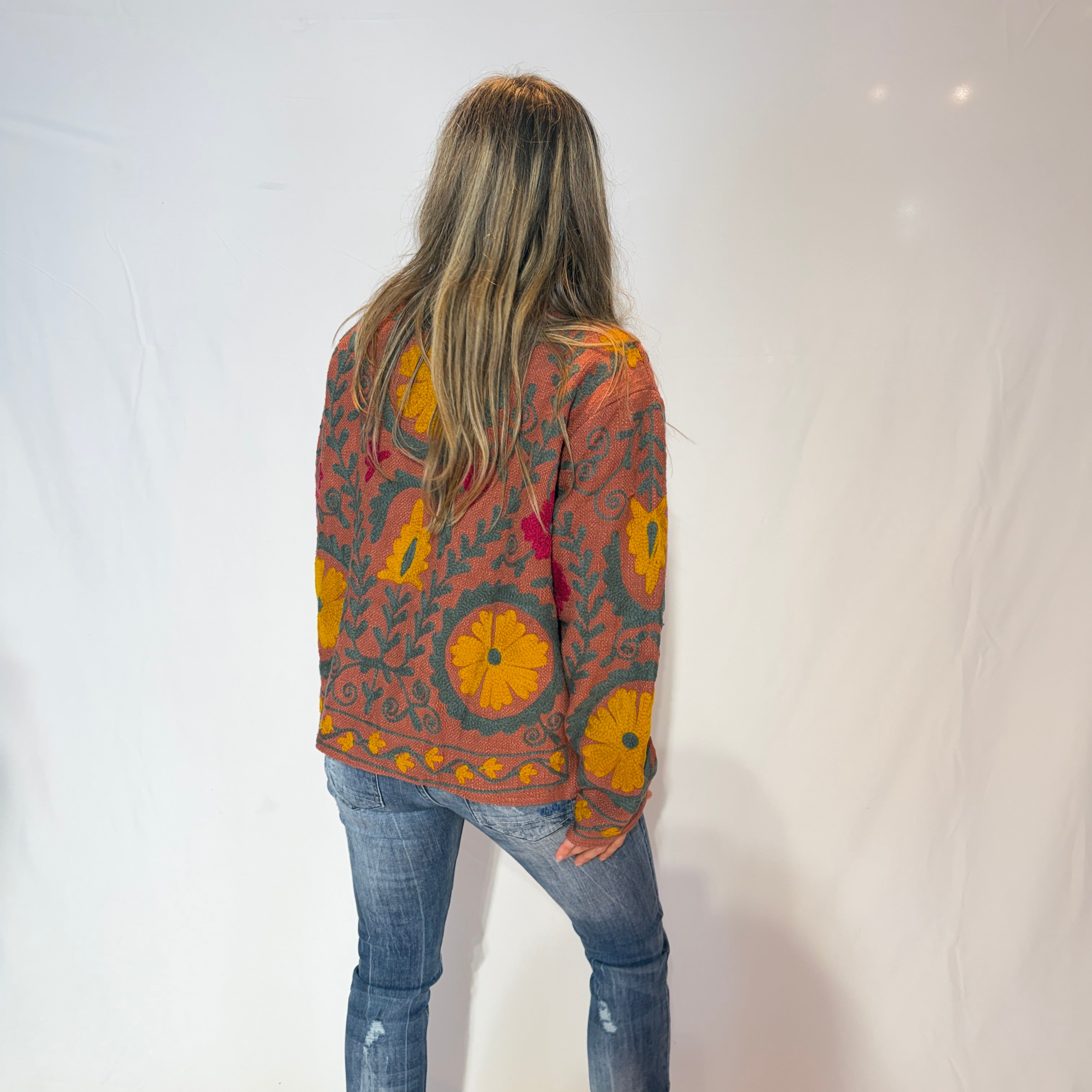 Hand-Embroidered Cotton Suzani Jacket – Dusty Rose & Golden Daisy
