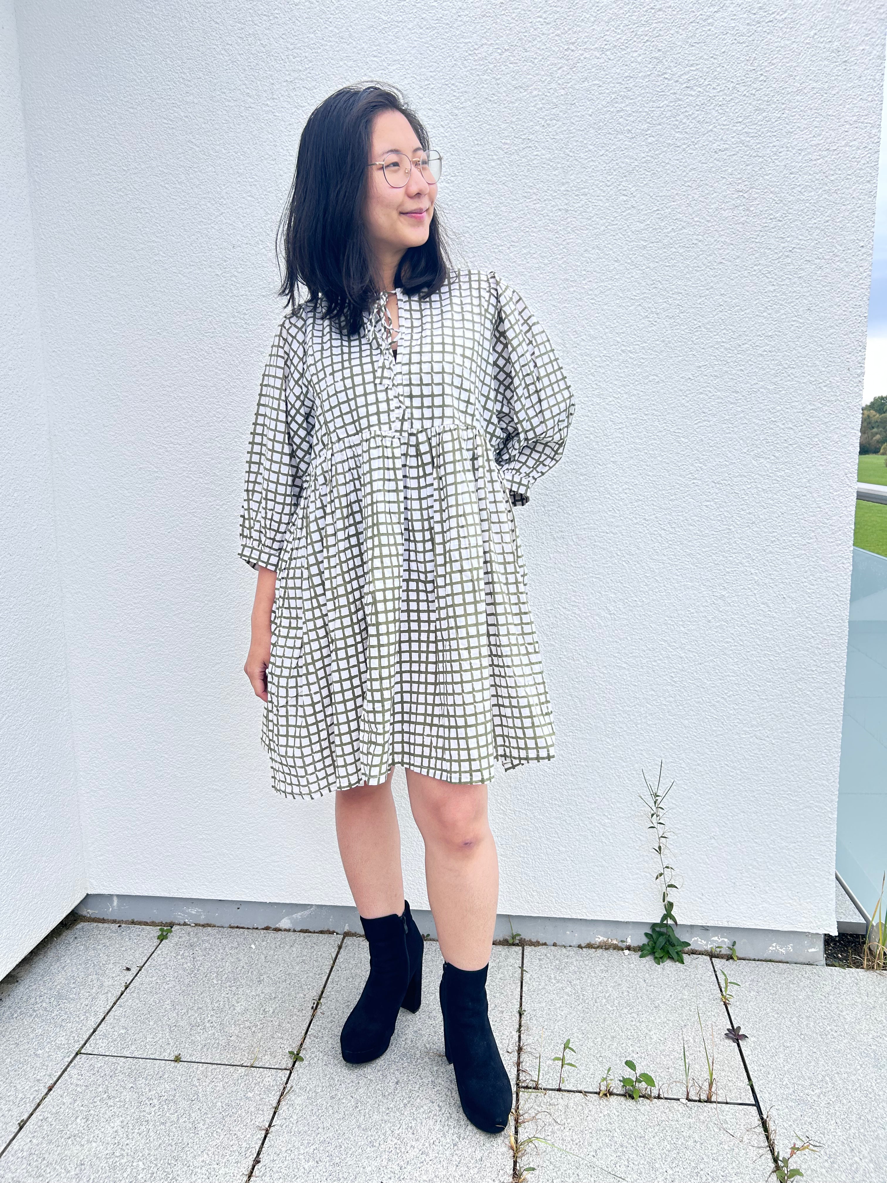 Olive Grid Hand Block Printed Dress