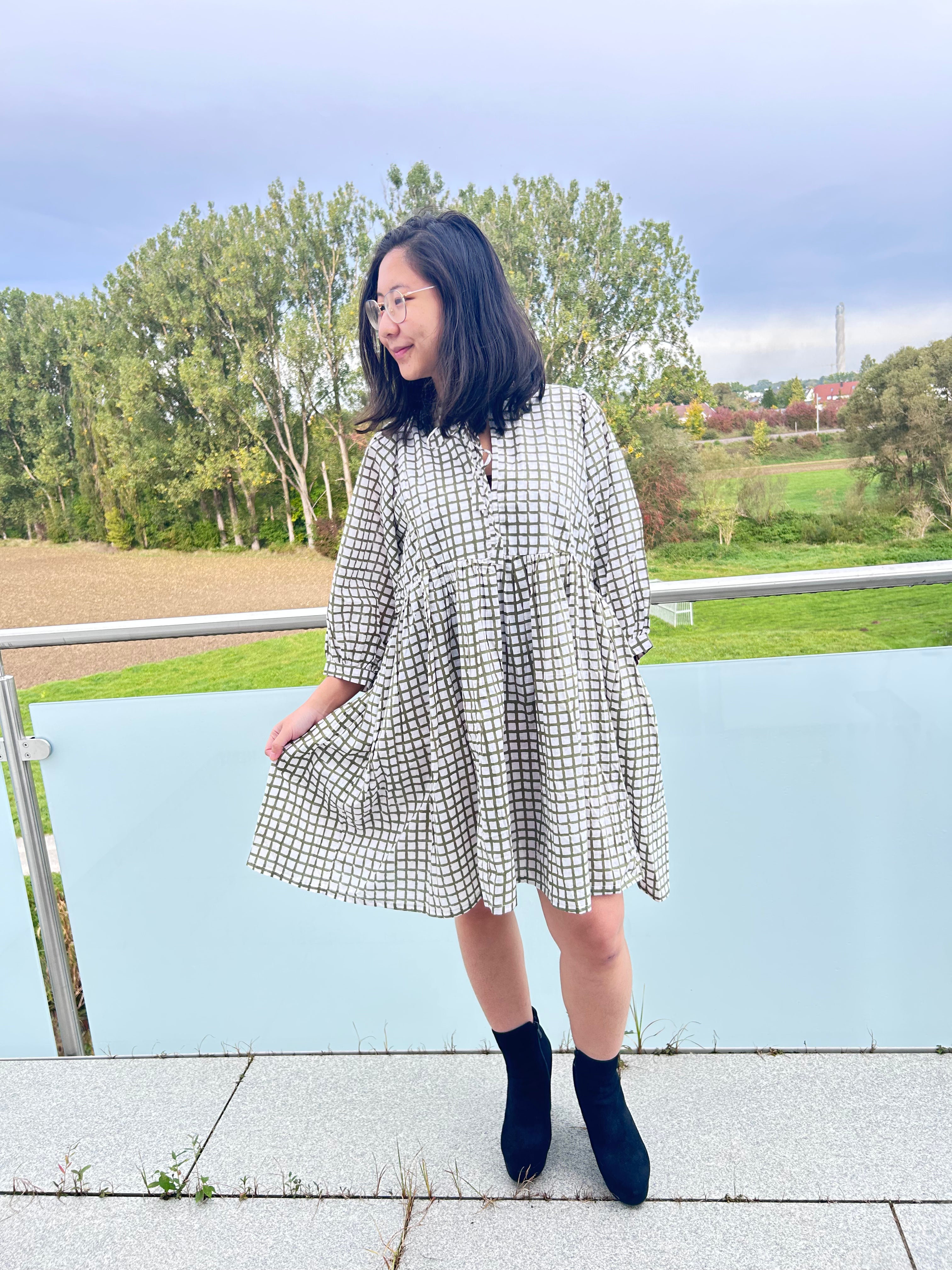 Olive Grid Hand Block Printed Dress