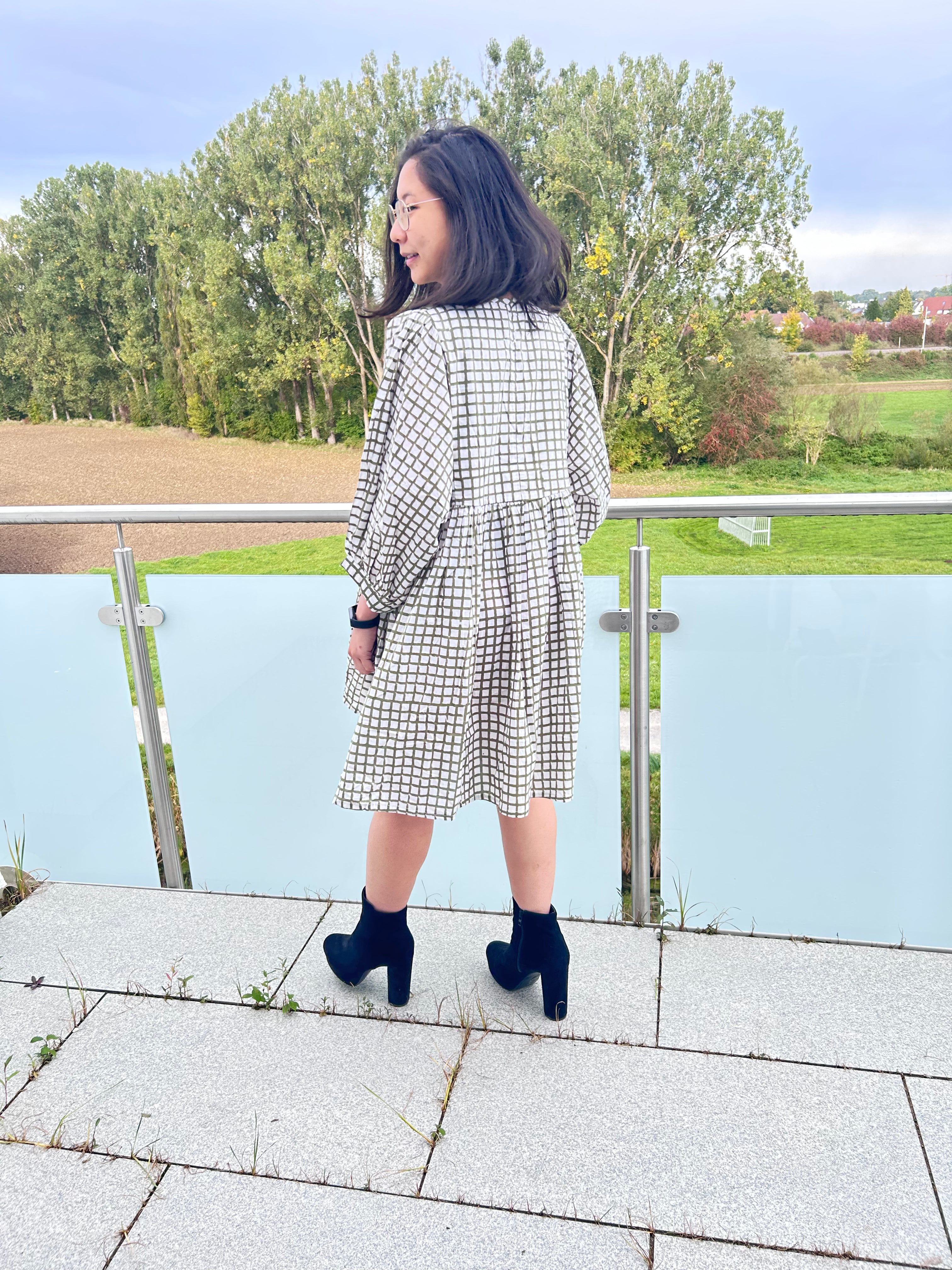 Olive Grid Hand Block Printed Dress