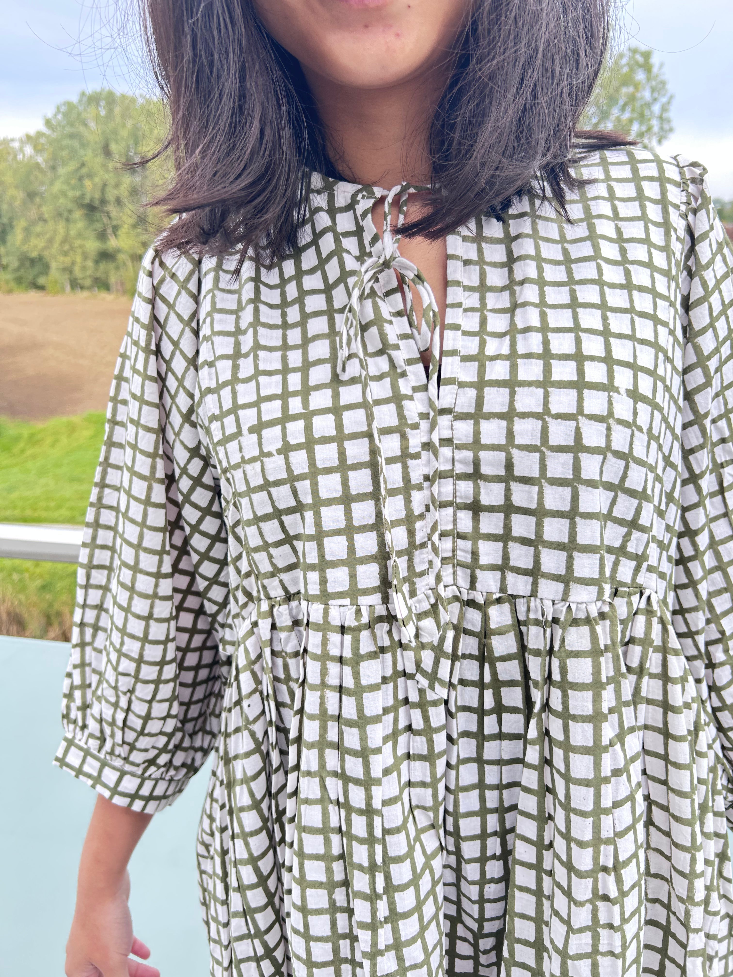 Olive Grid Hand Block Printed Dress