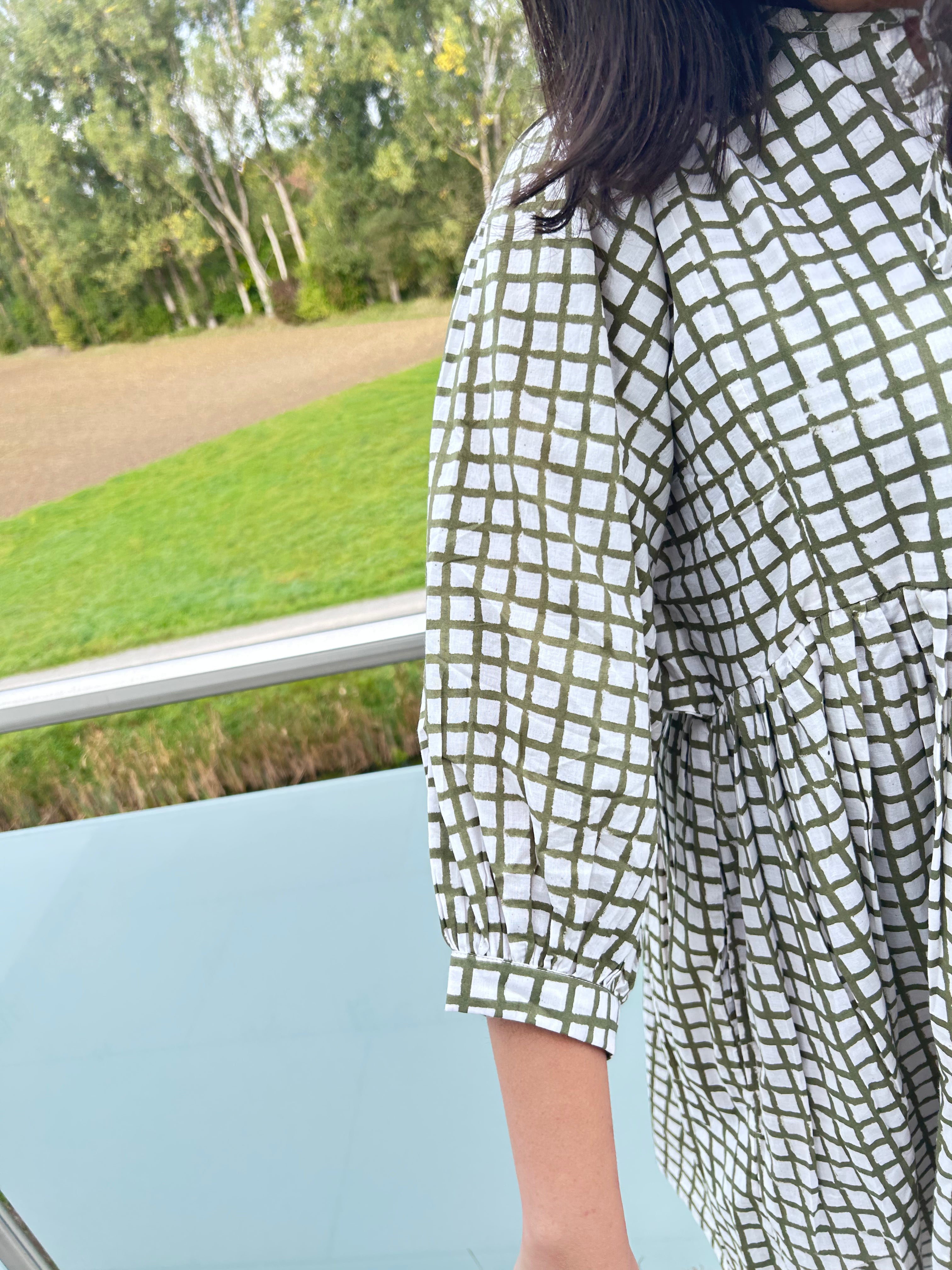 Olive Grid Hand Block Printed Dress