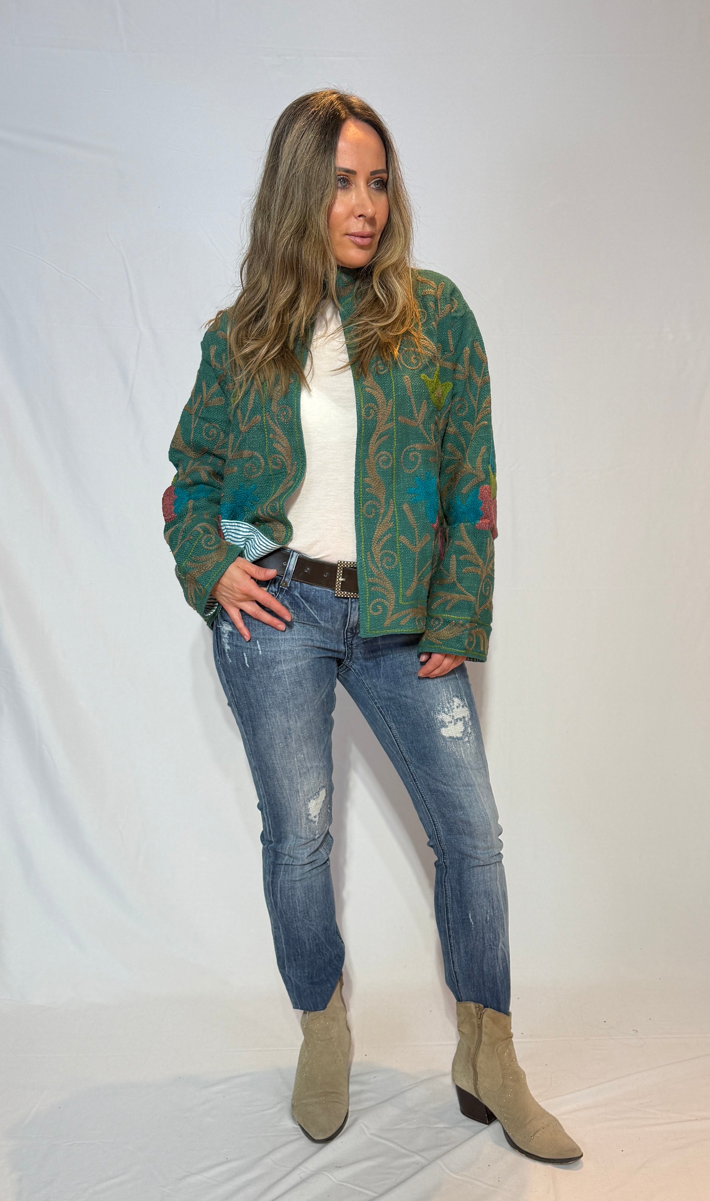 Hand-Embroidered Suzani Jacket – Sage Green & Teal Meadow