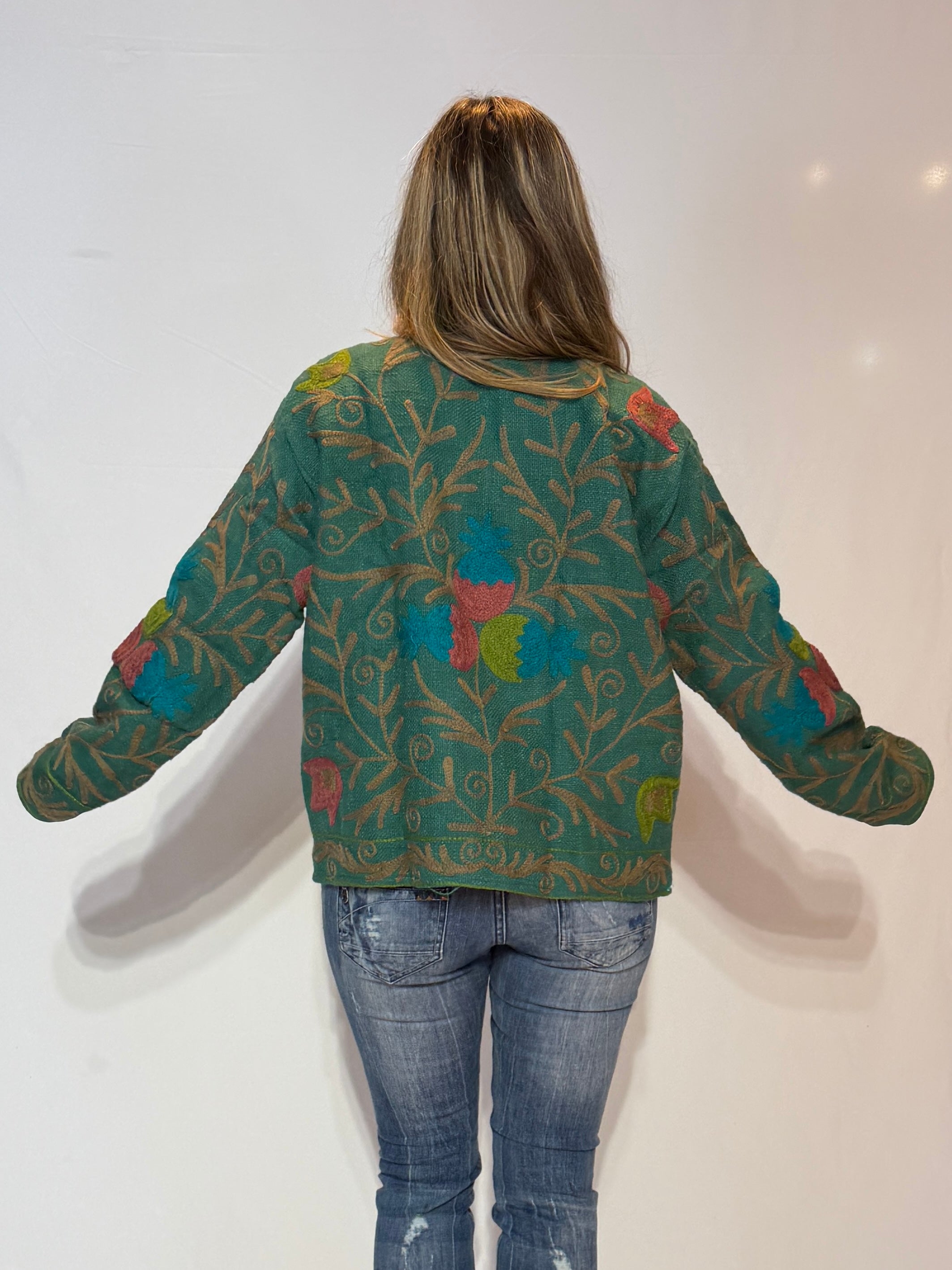 Hand-Embroidered Suzani Jacket – Sage Green & Teal Meadow