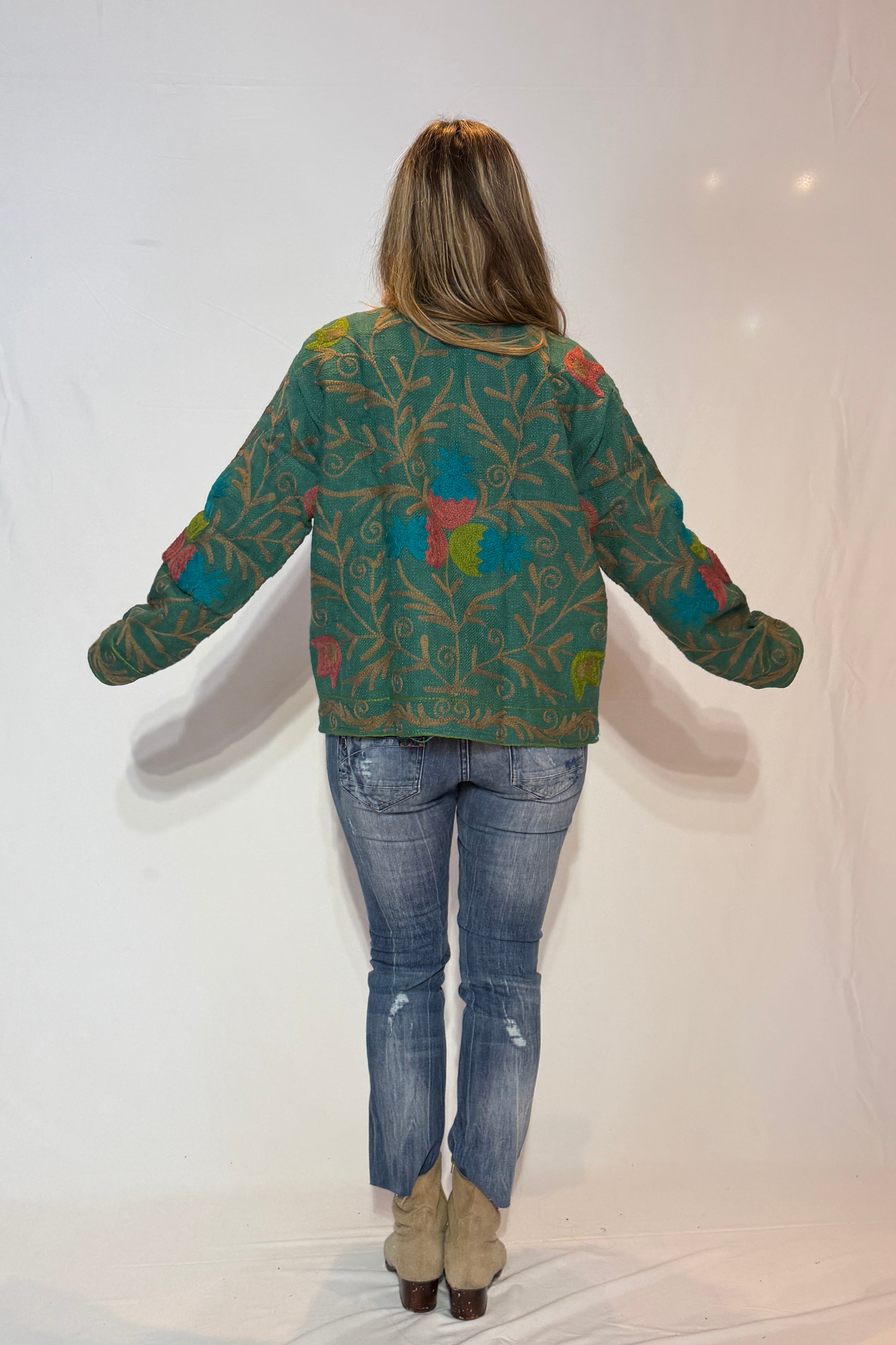 Hand-Embroidered Suzani Jacket – Sage Green & Teal Meadow