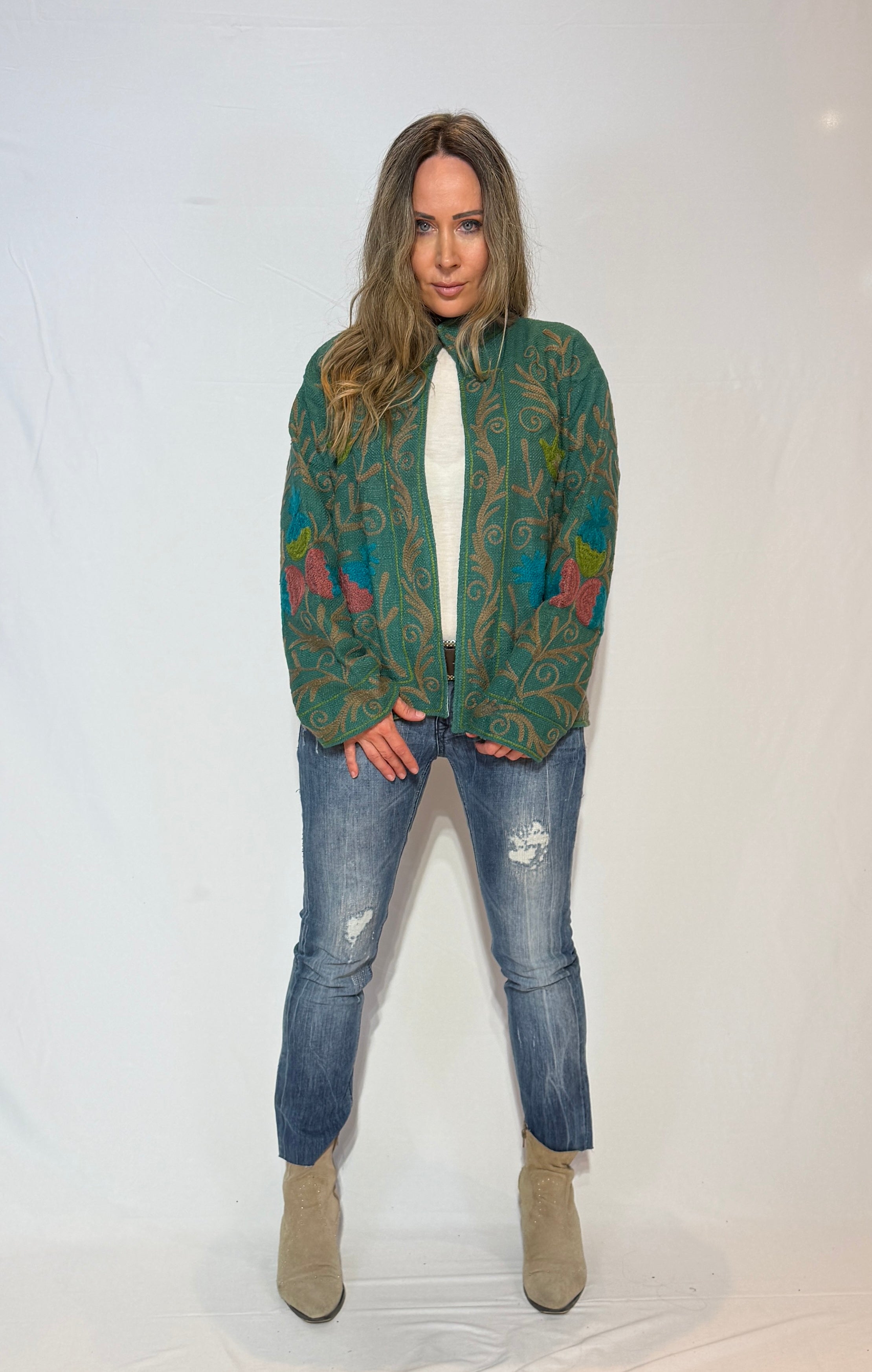 Hand-Embroidered Suzani Jacket – Sage Green & Teal Meadow