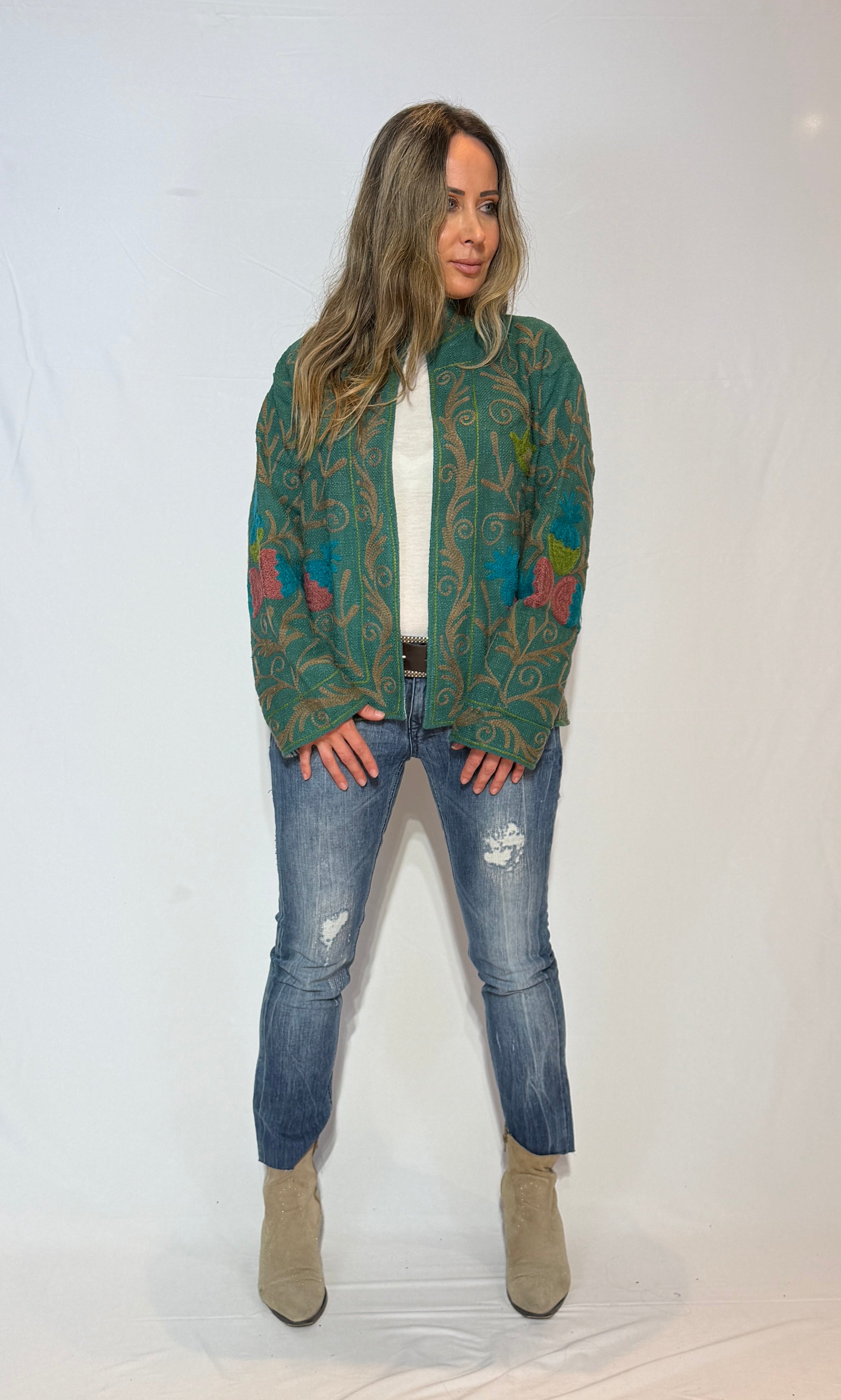Hand-Embroidered Suzani Jacket – Sage Green & Teal Meadow