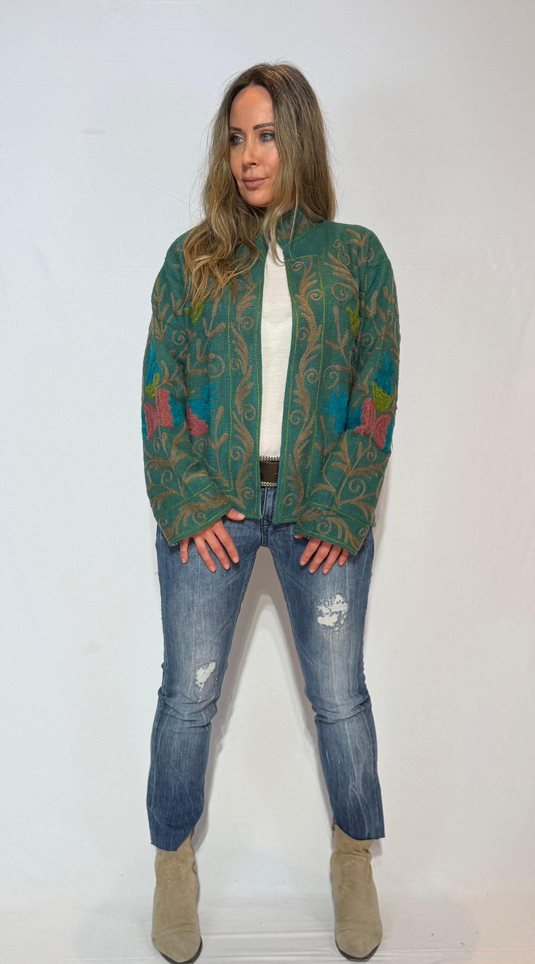 Hand-Embroidered Suzani Jacket – Sage Green & Teal Meadow