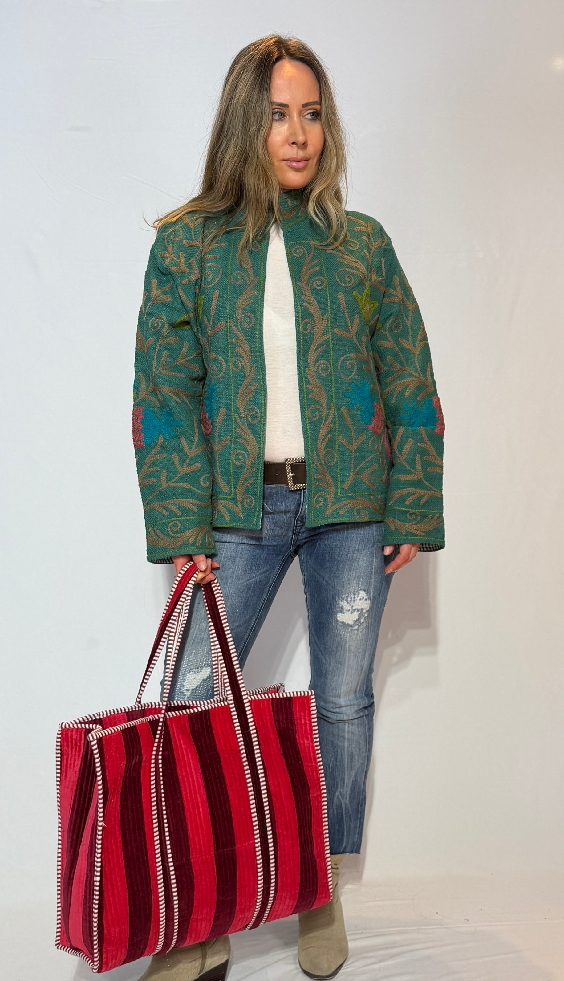 Hand-Embroidered Suzani Jacket – Sage Green & Teal Meadow