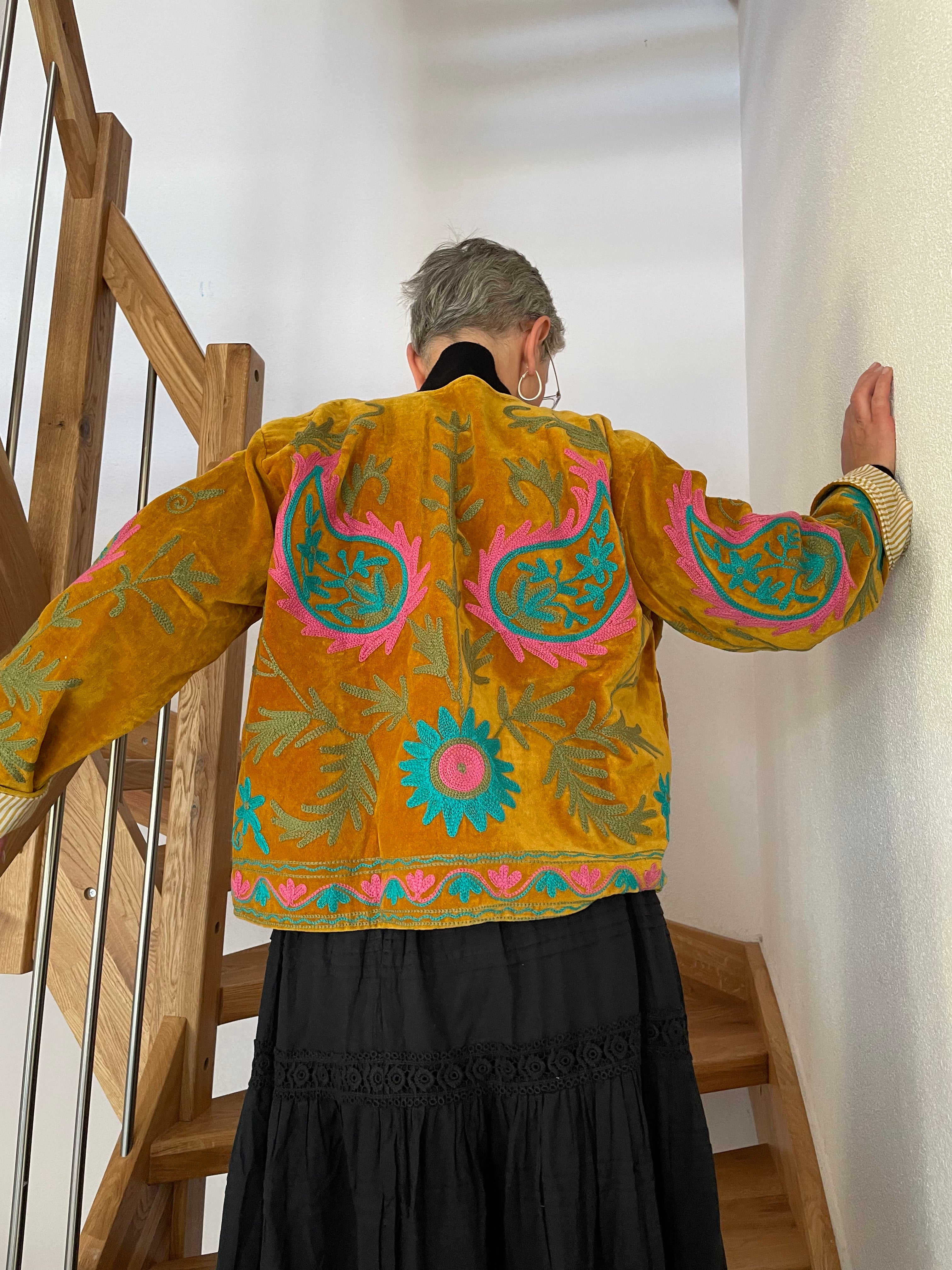 Kashmir Gold Hand-Embroidered Velvet Suzani Jacket