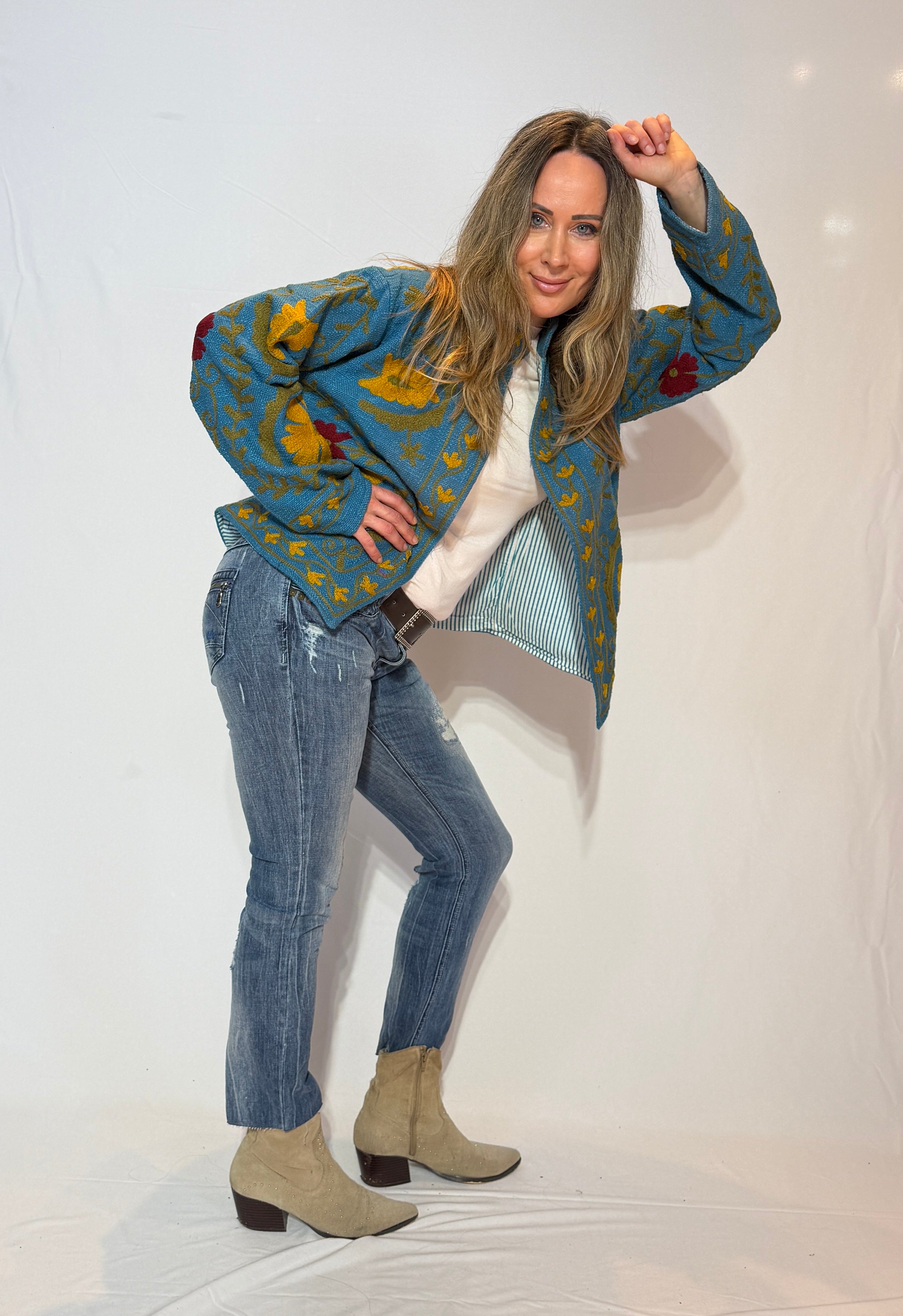 Hand-Embroidered Suzani Jacket – Slate Blue & Mustard Bloom