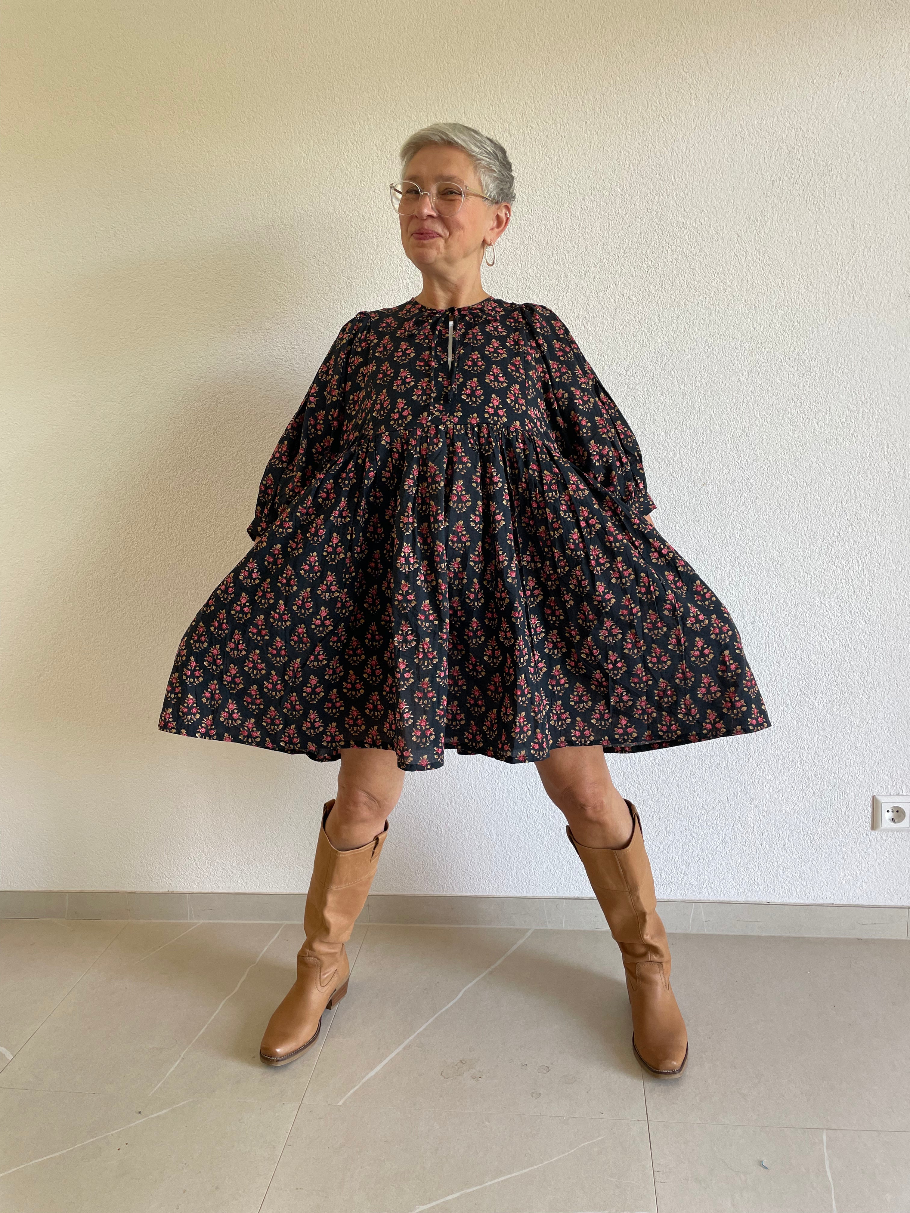 Midnight Blossom Hand Block Printed Dress