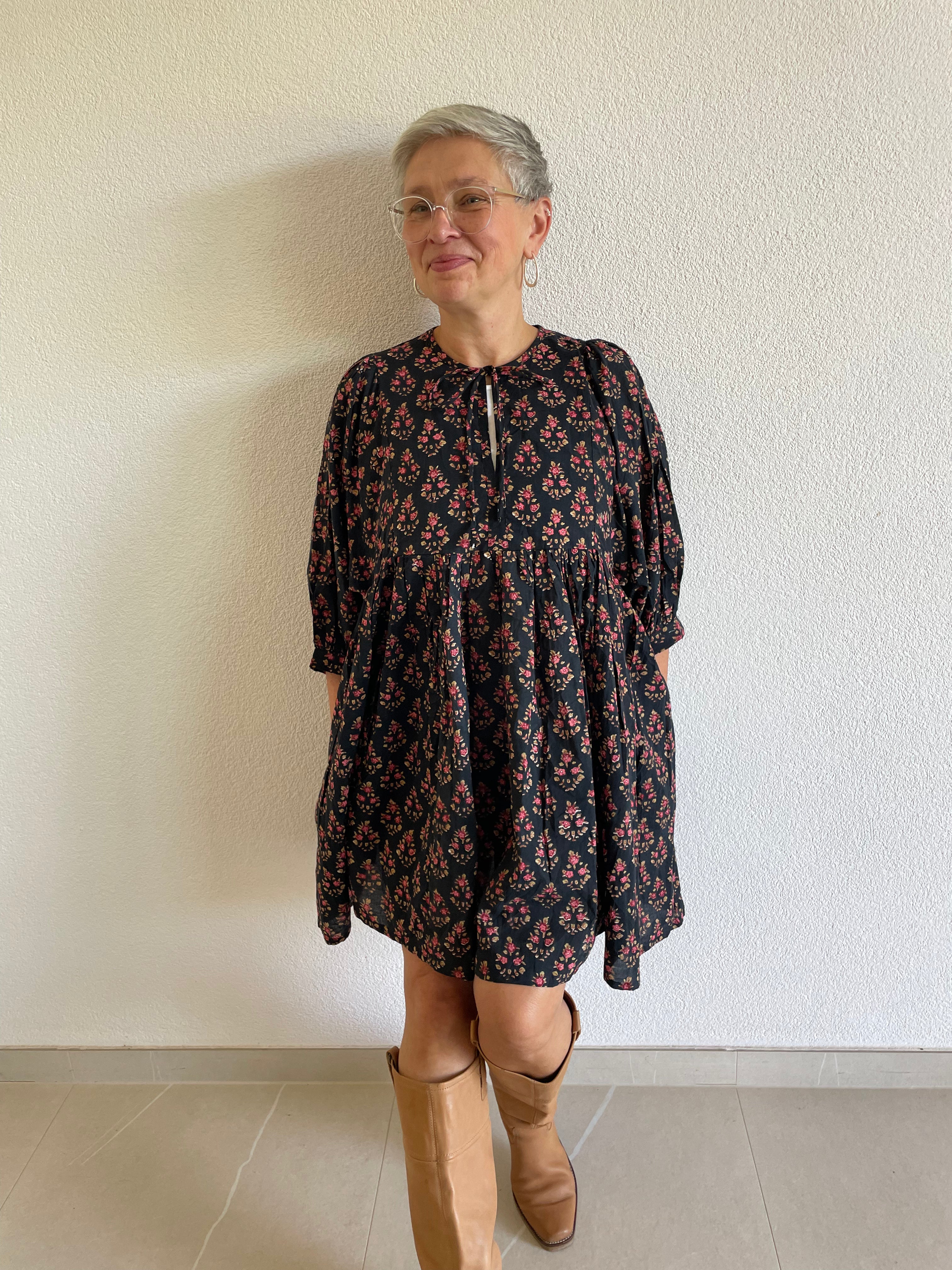 Midnight Blossom Hand Block Printed Dress