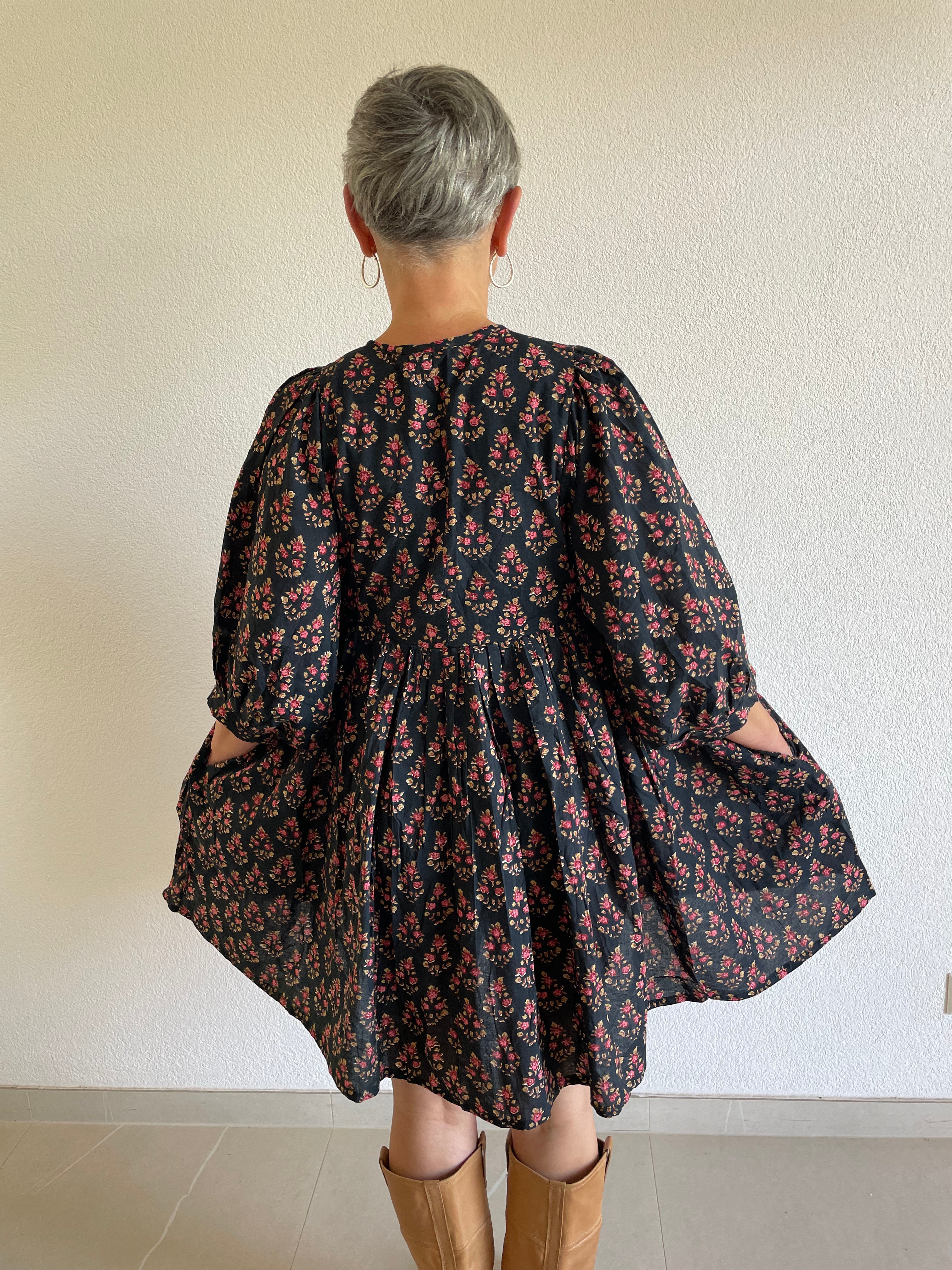Midnight Blossom Hand Block Printed Dress