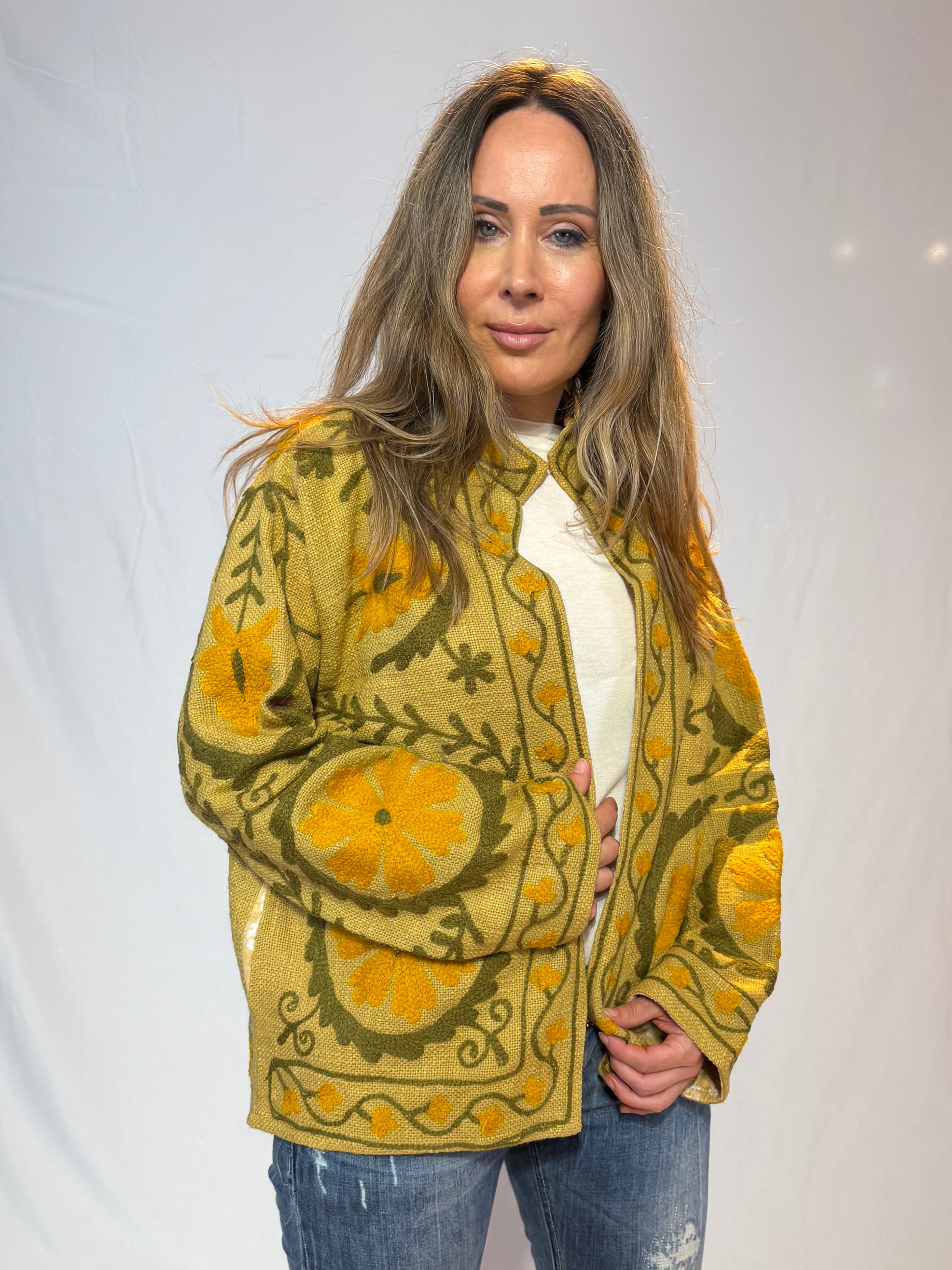 Hand-Embroidered Suzani Jacket – Golden Mustard & Olive Sunflower