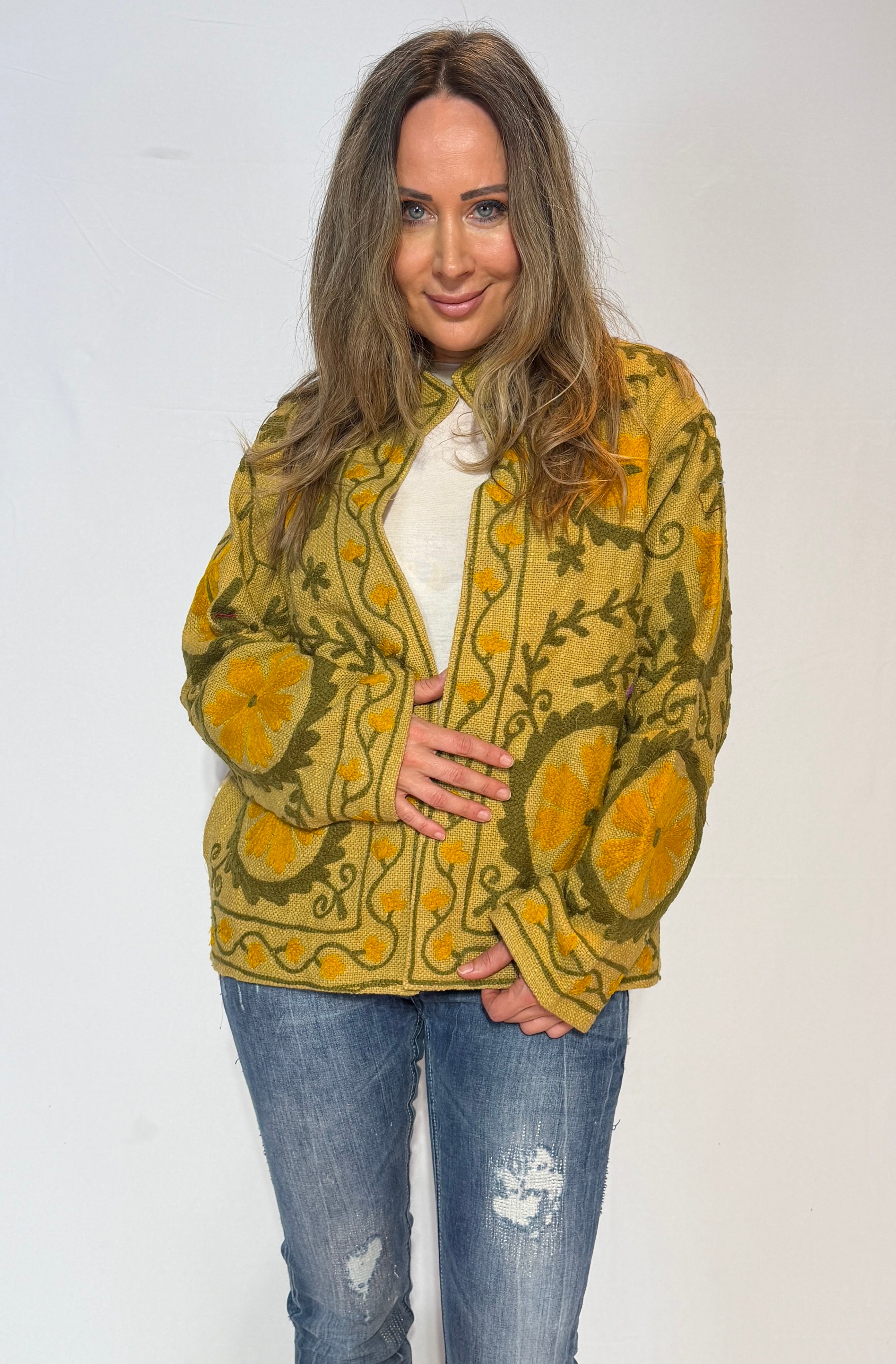 Hand-Embroidered Suzani Jacket – Golden Mustard & Olive Sunflower