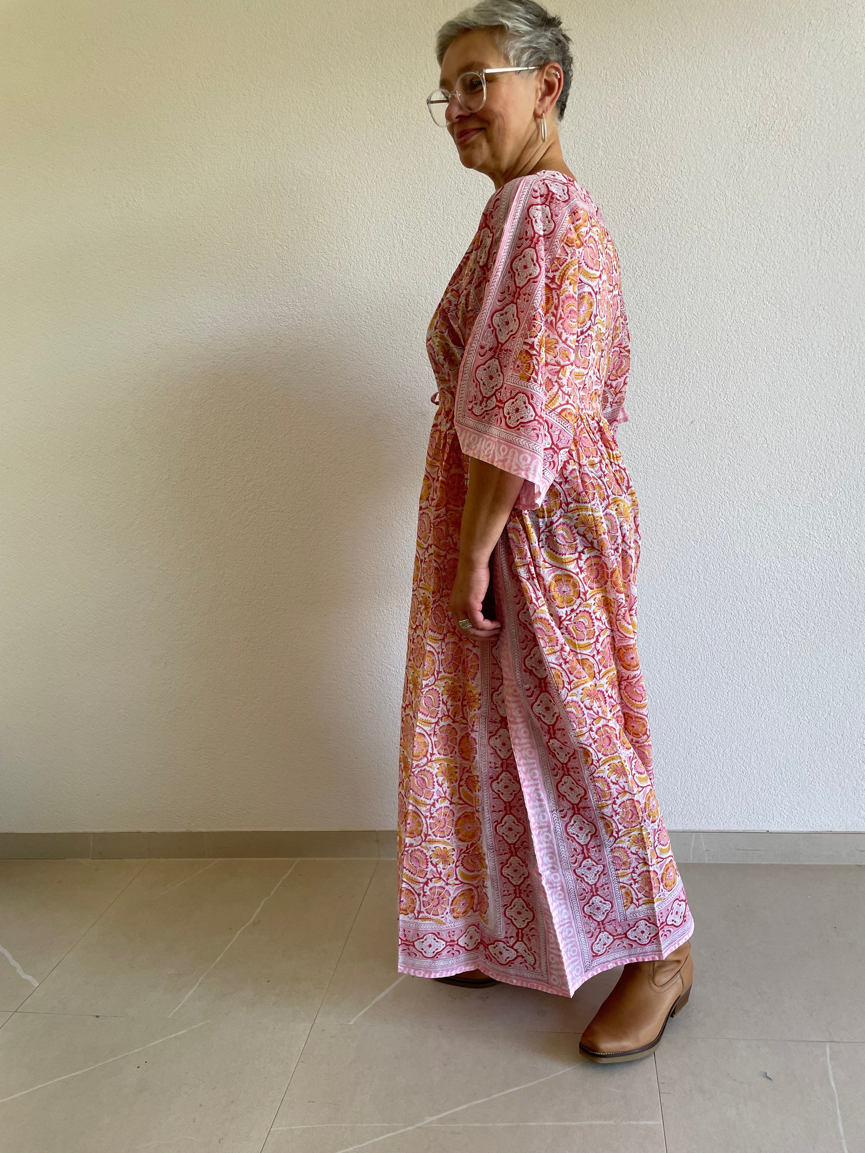 Rose Dawn Kaftan mit Handblockdruck