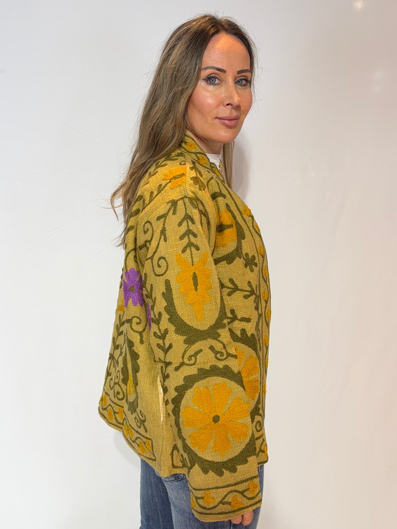 Hand-Embroidered Suzani Jacket – Golden Mustard & Olive Sunflower