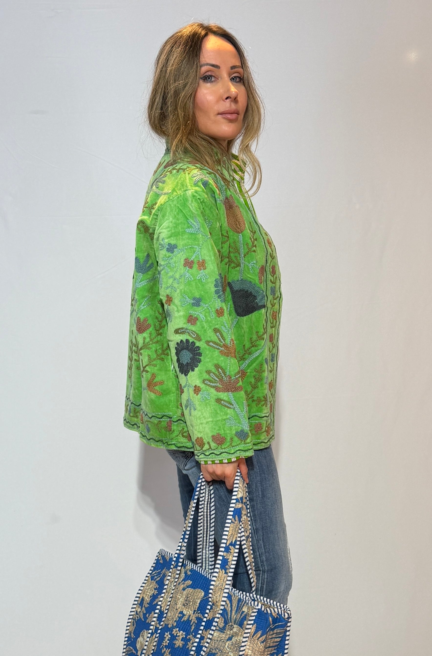 Hand-Embroidered Suzani Jacket – Lime Green & Slate Daisy
