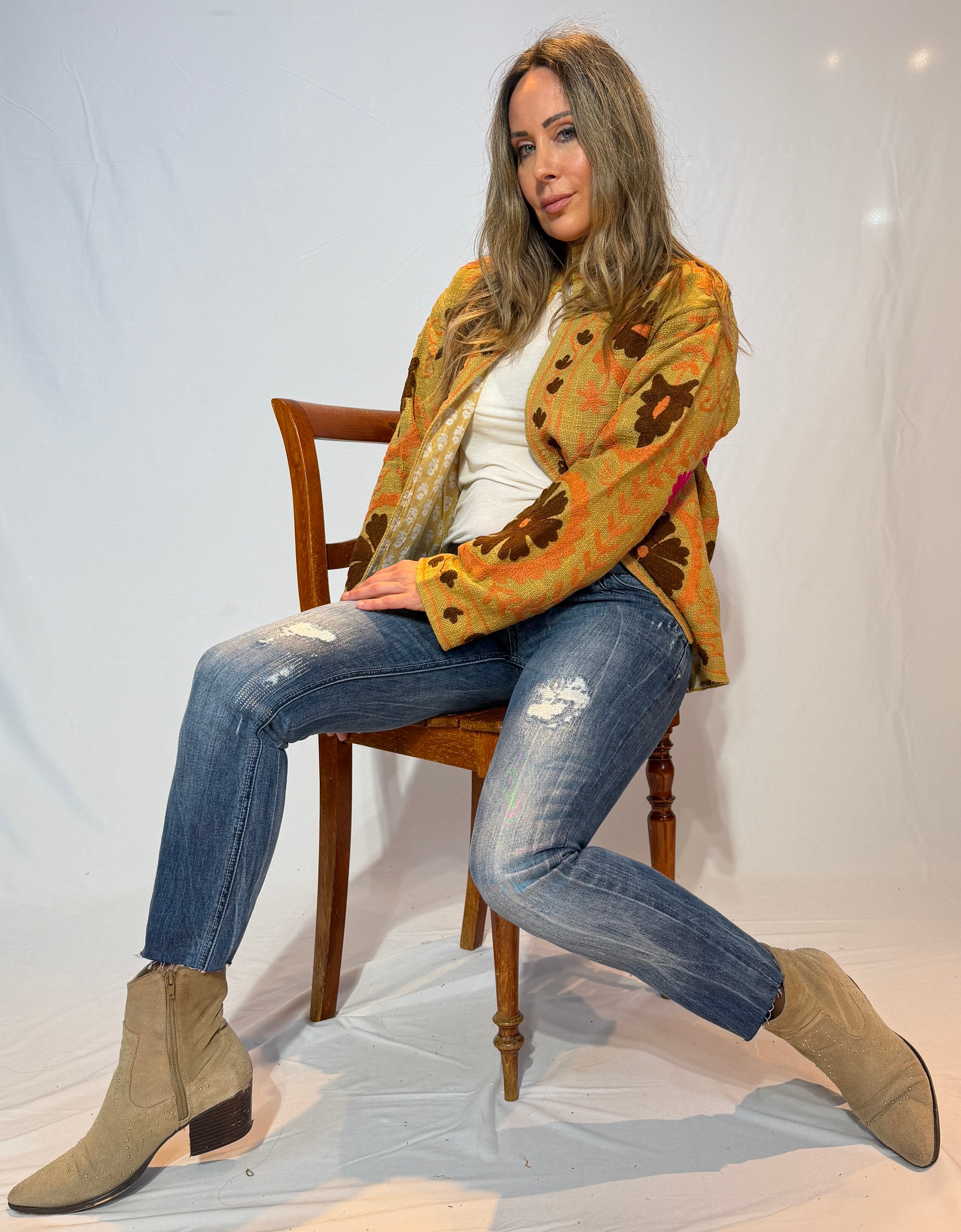 Hand-Embroidered Suzani Jacket – Golden Ochre & Chocolate Bloom