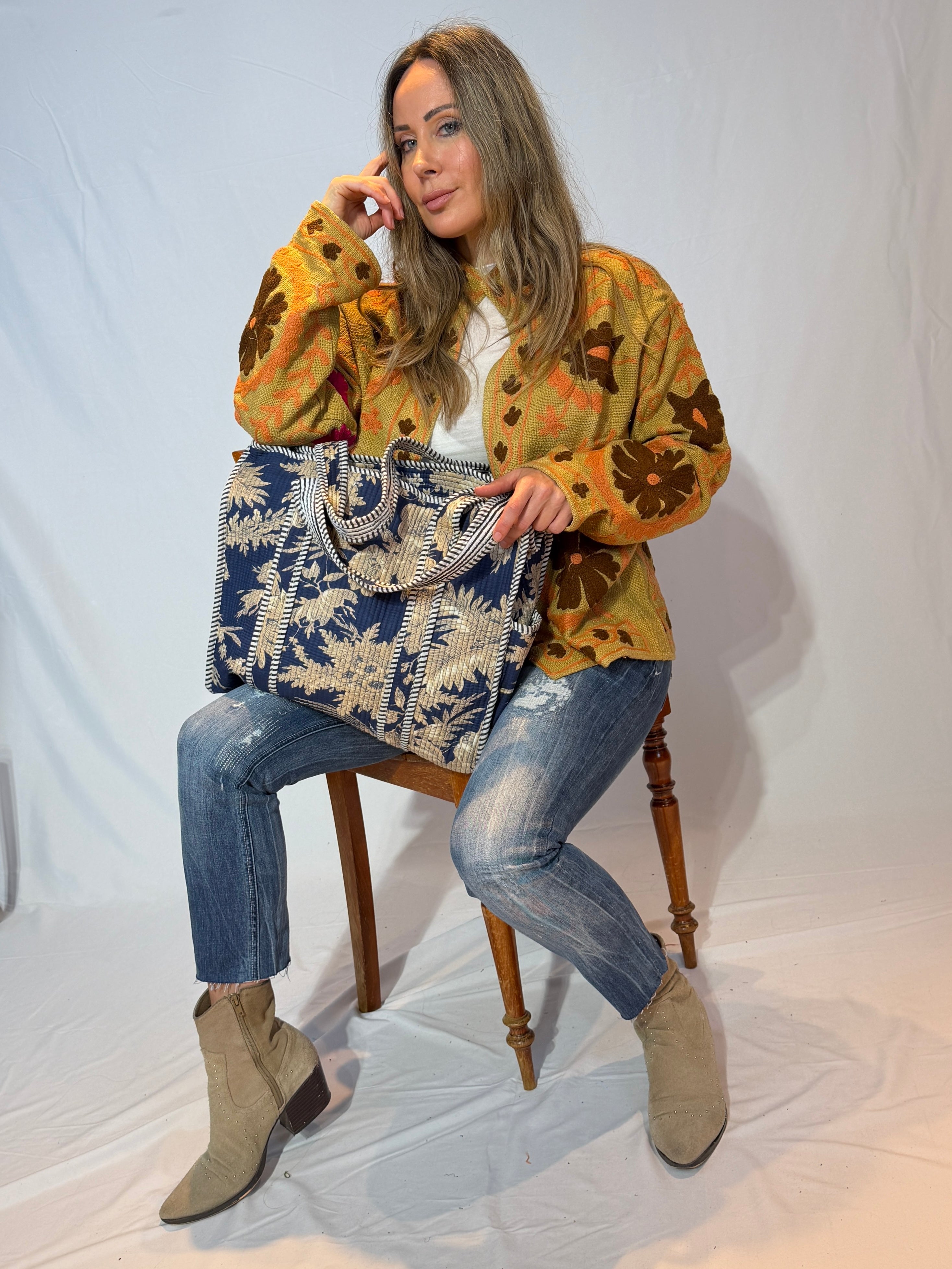 Hand-Embroidered Suzani Jacket – Golden Ochre & Chocolate Bloom