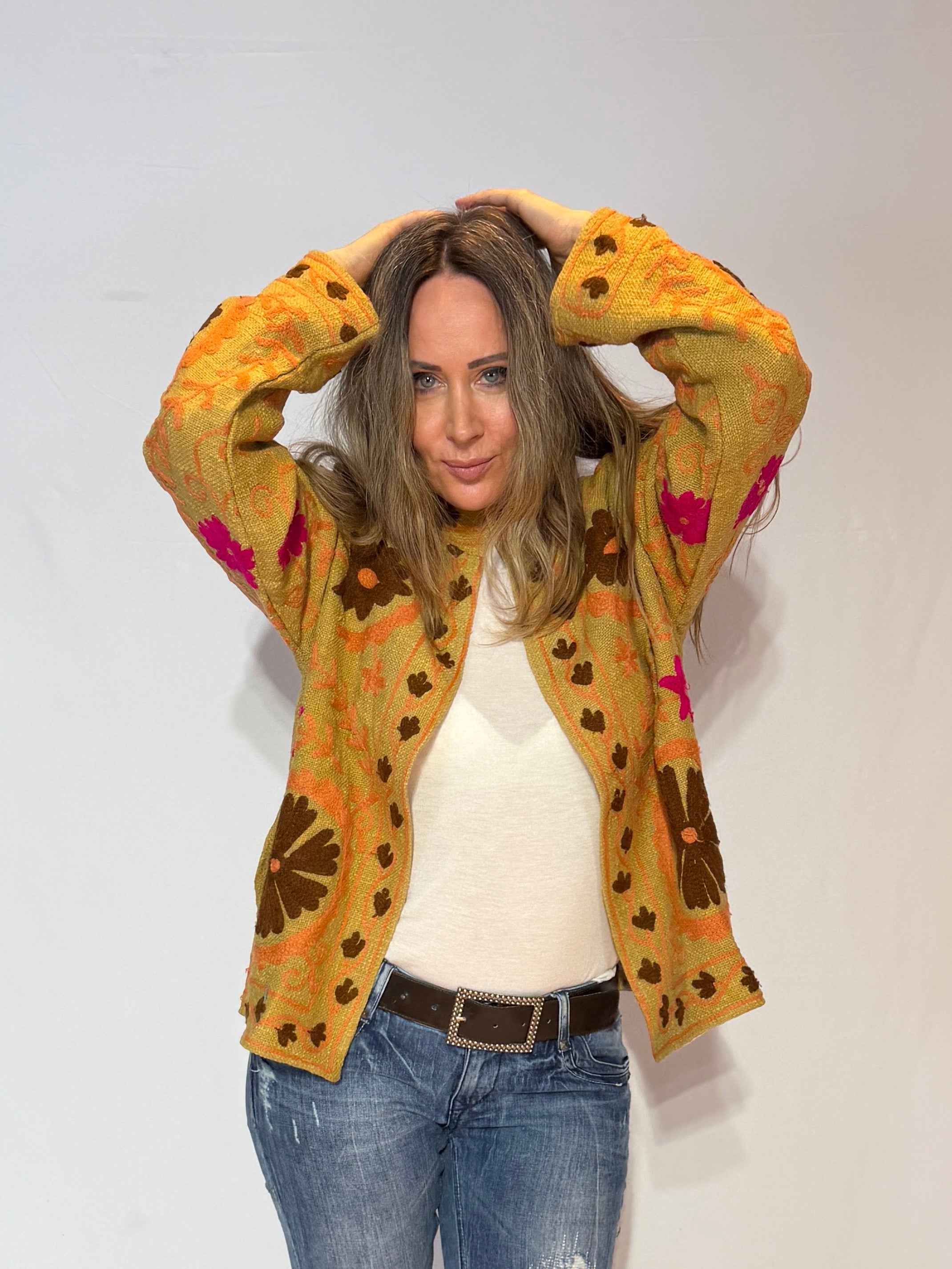 Hand-Embroidered Suzani Jacket – Golden Ochre & Chocolate Bloom
