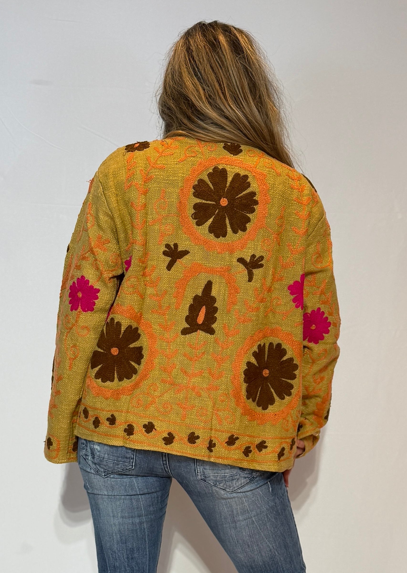 Hand-Embroidered Suzani Jacket – Golden Ochre & Chocolate Bloom
