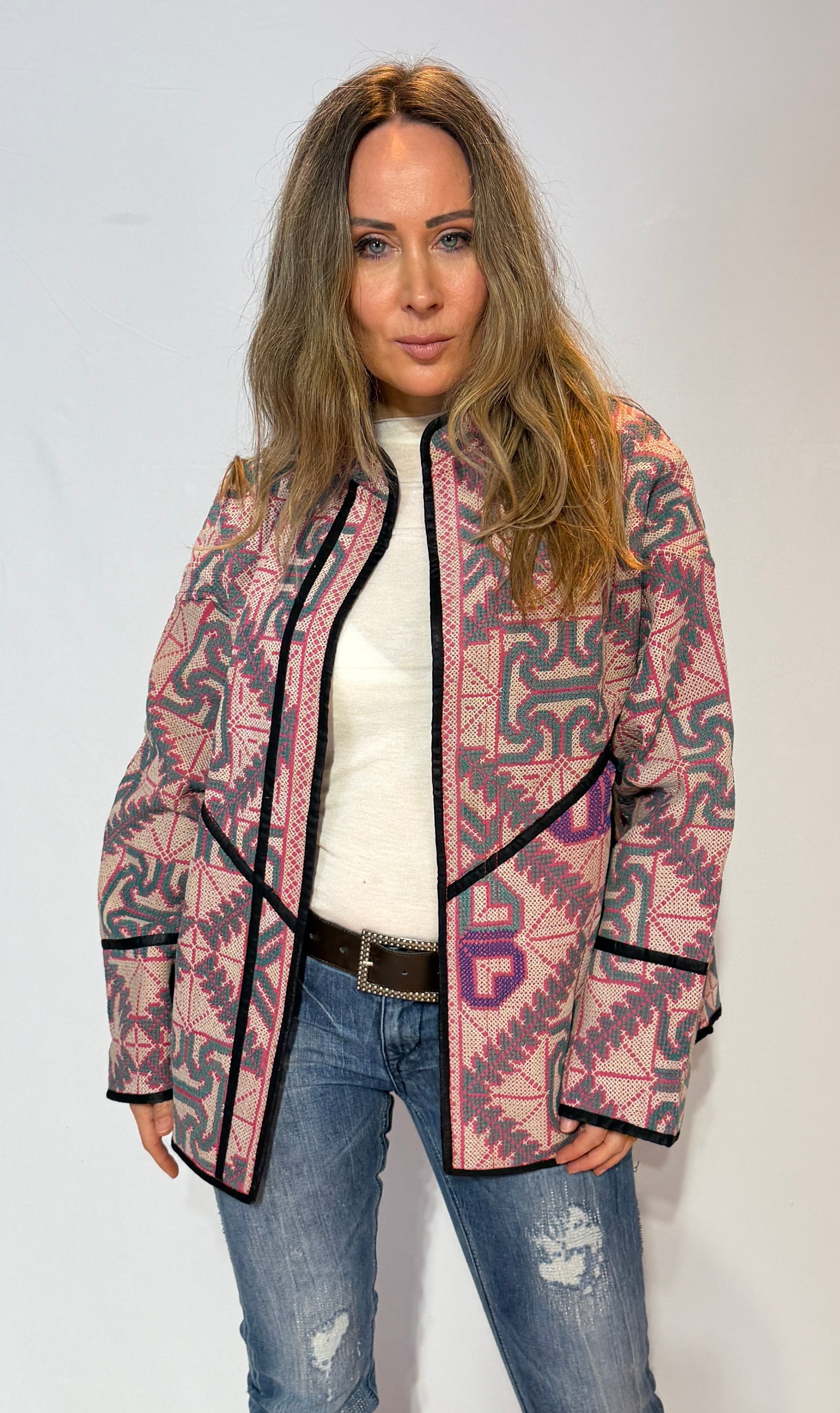 Geometric Pattern Jacket – Dusty Rose & Slate Mosaic