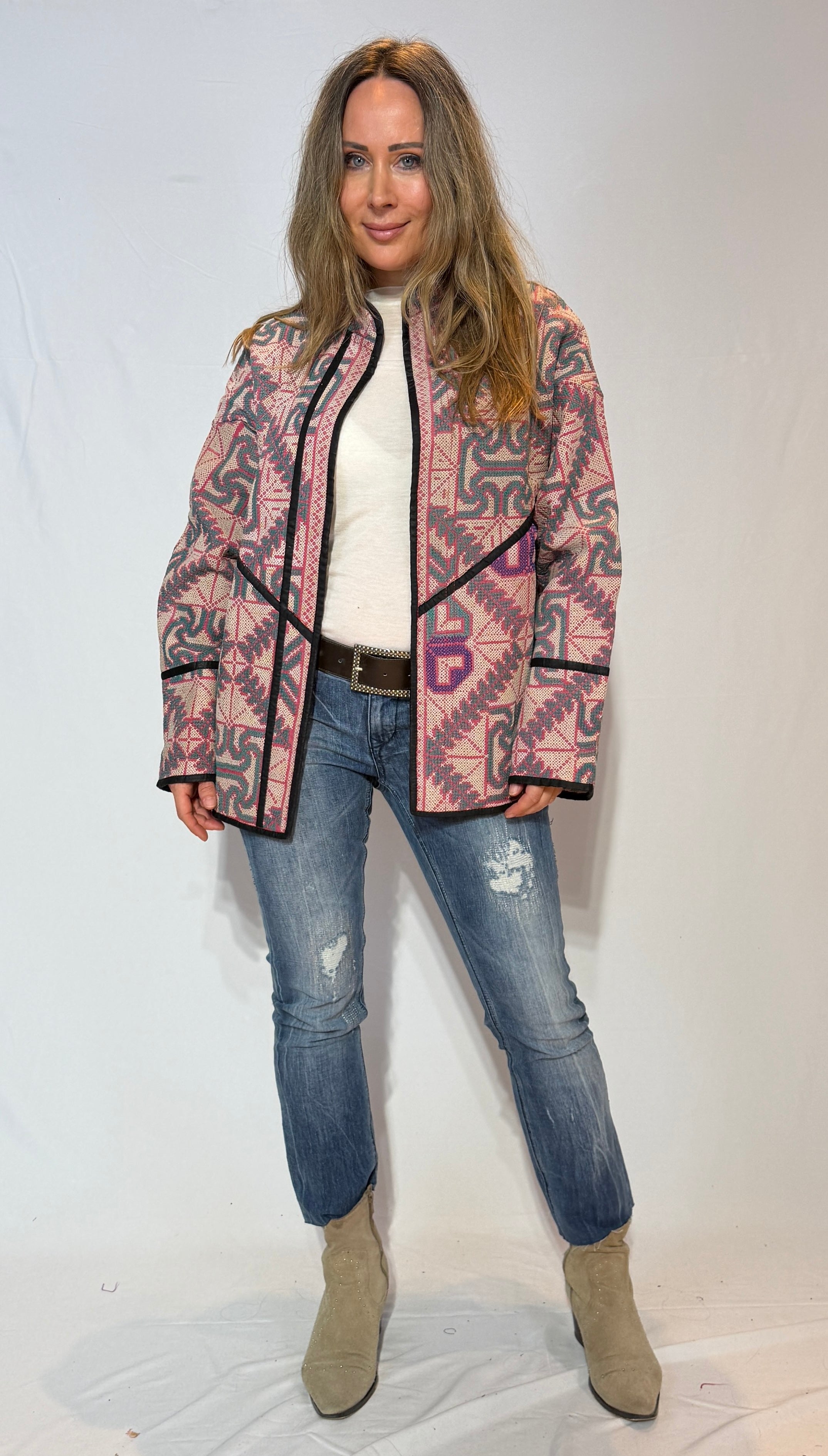 Geometric Pattern Jacket – Dusty Rose & Slate Mosaic