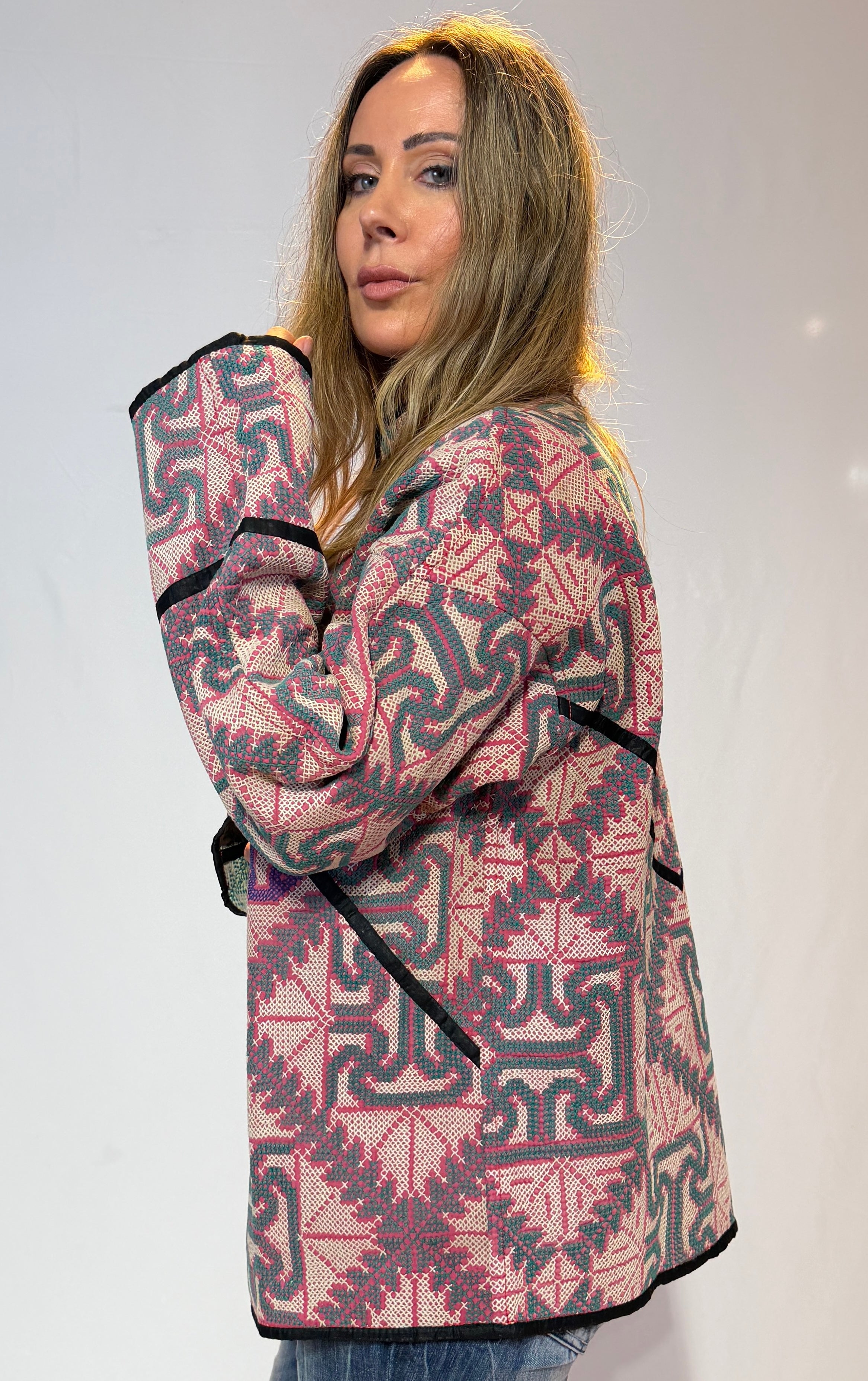 Geometric Pattern Jacket – Dusty Rose & Slate Mosaic