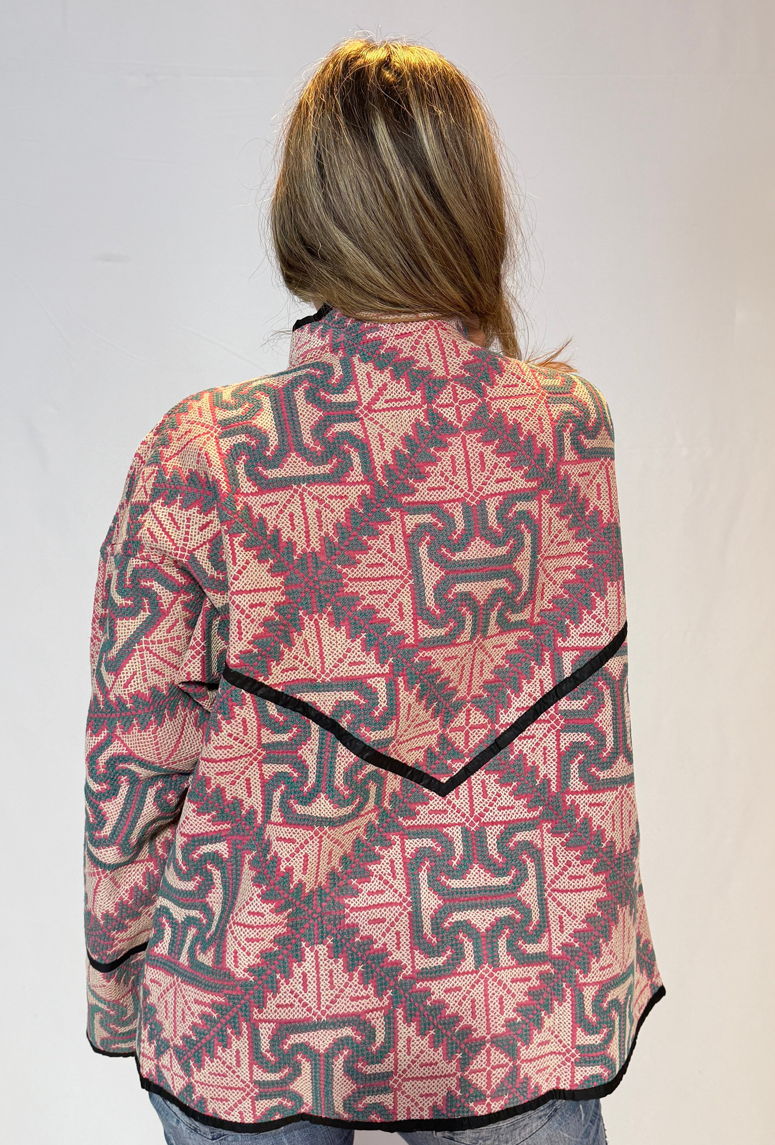 Geometric Pattern Jacket – Dusty Rose & Slate Mosaic