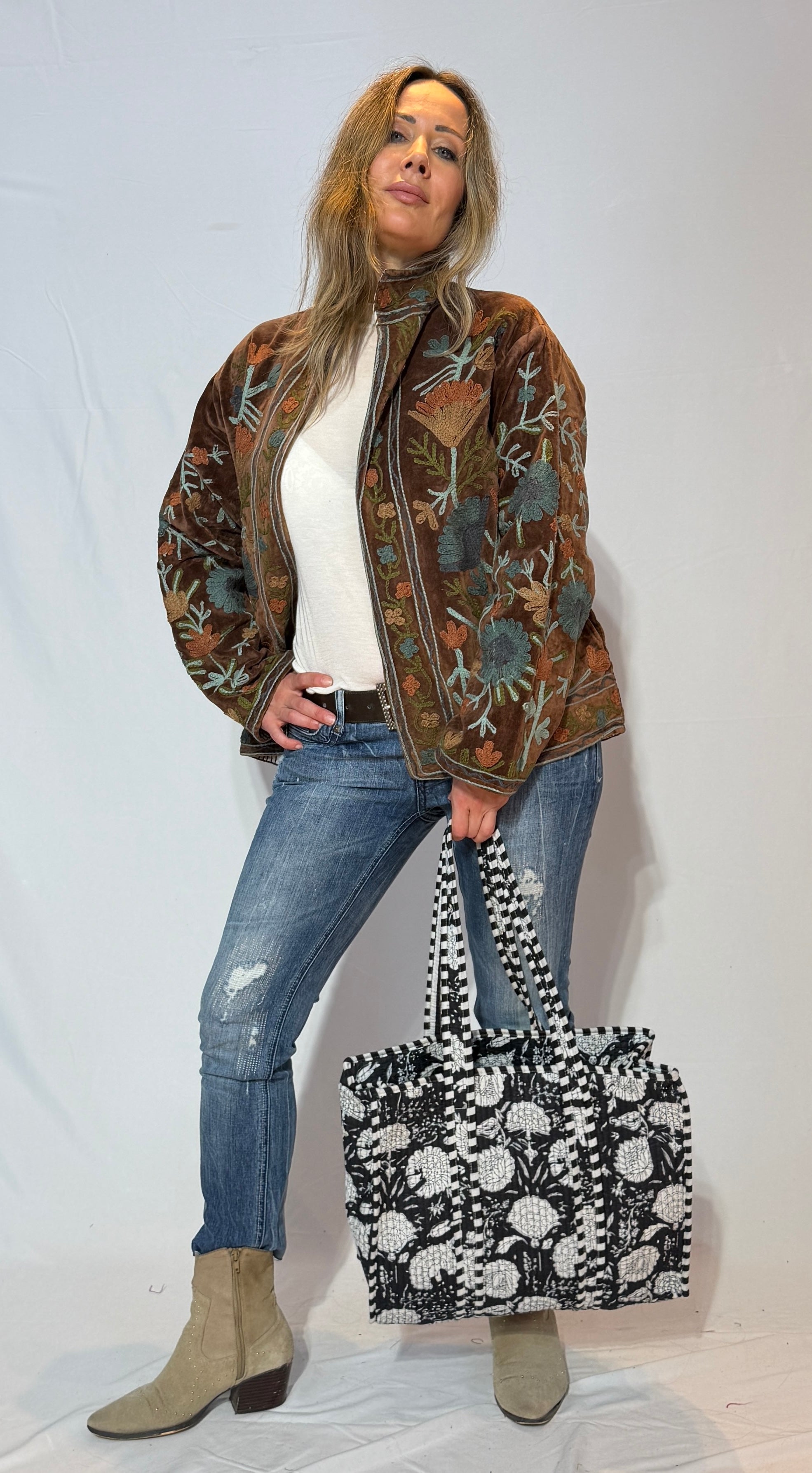 Hand-Embroidered Suzani Jacket – Chestnut Brown & Slate Wildflower