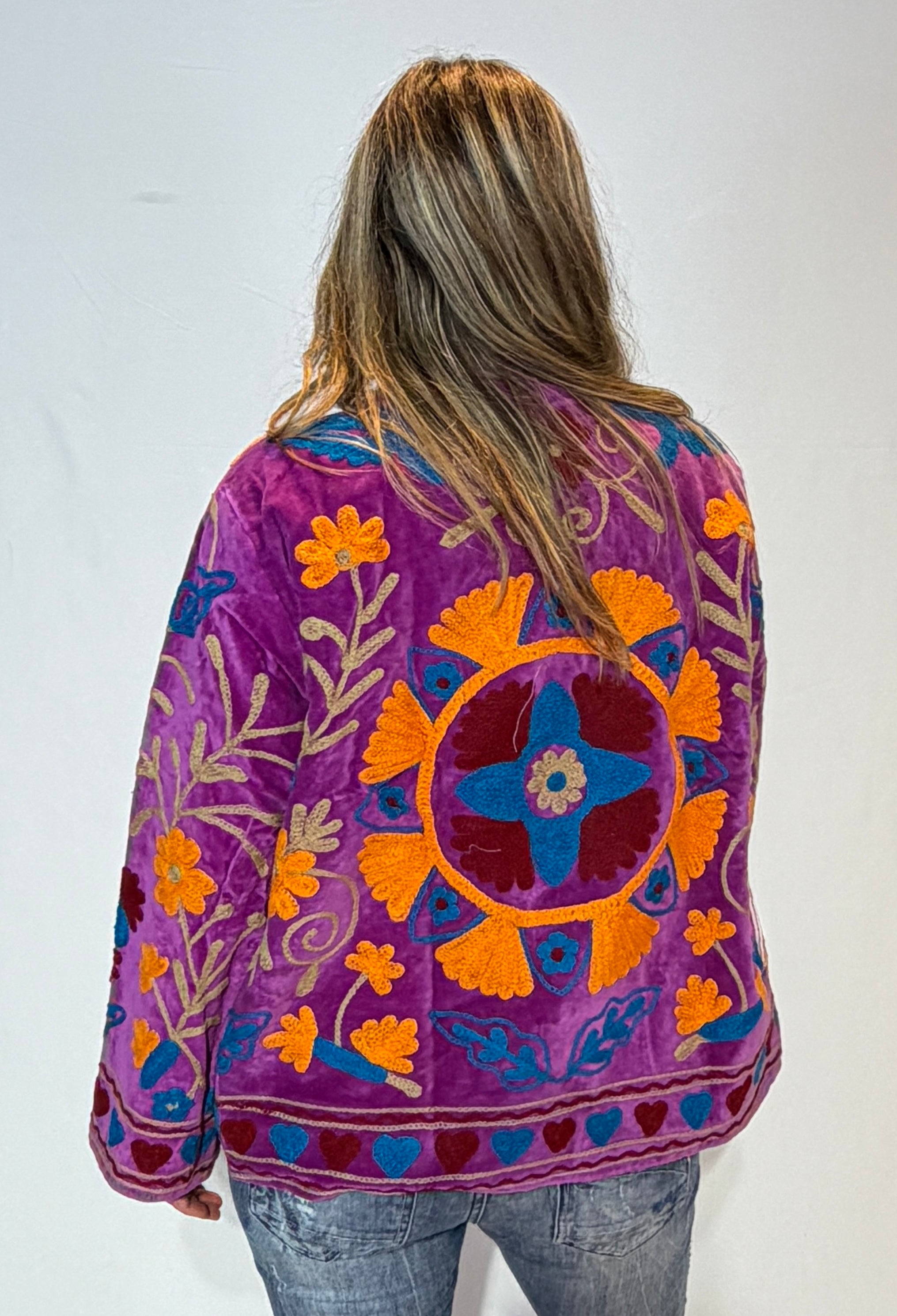 Hand-Embroidered Suzani Jacket – Orchid Purple Heart & Golden Bloom