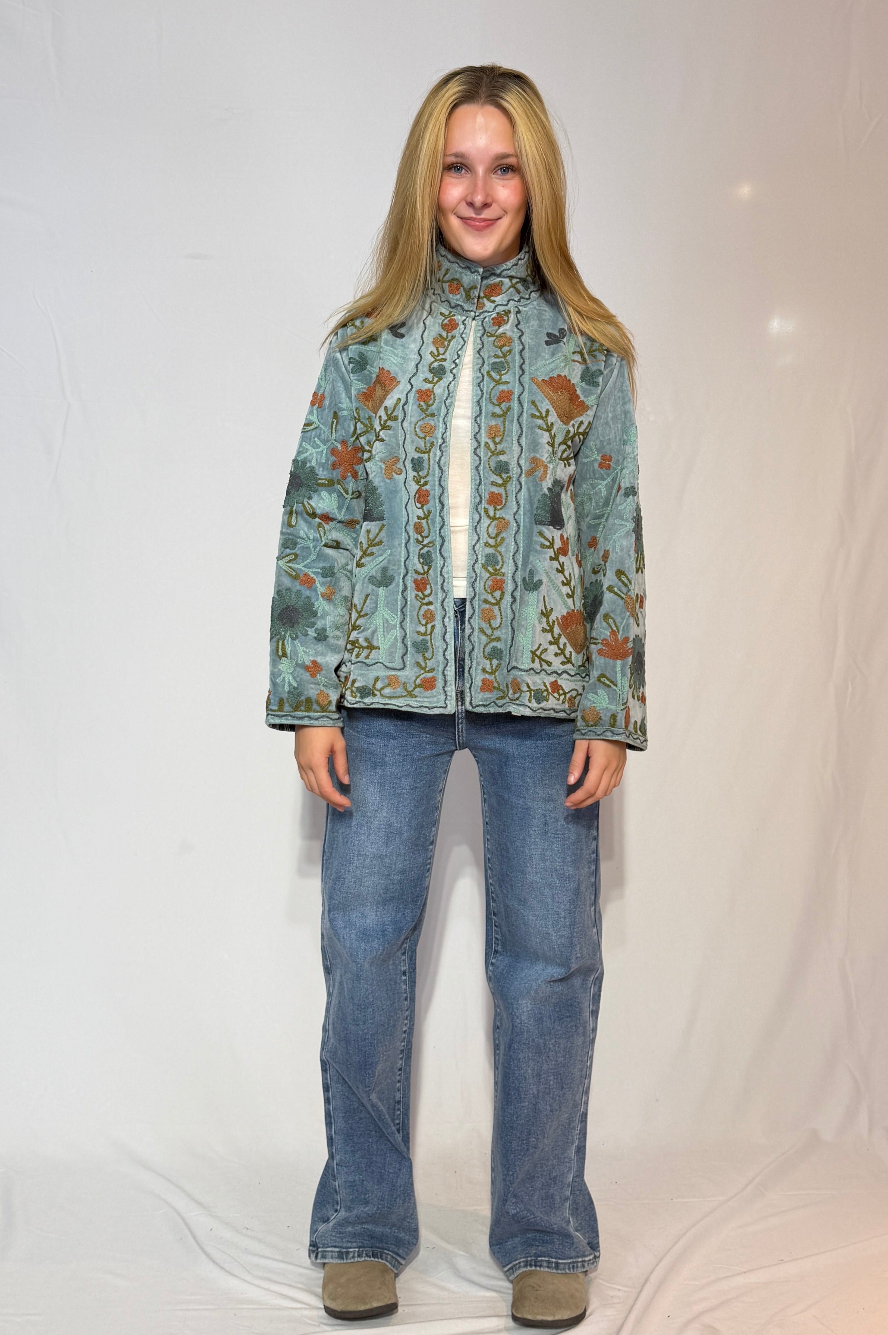 Suzani Hand-Embroidered Velvet Jacket – Mist Blue Wild Meadow